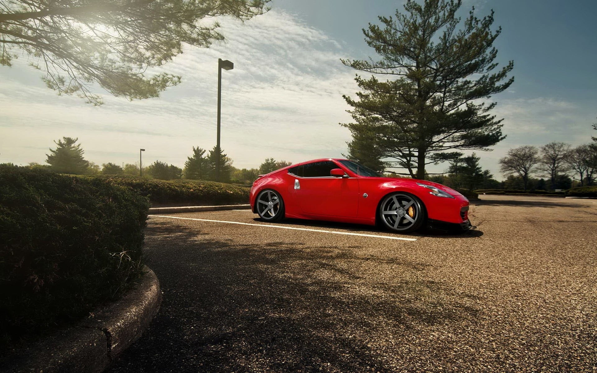 day, travel, nature, motor vehicle, luxury, sunlight, vehicle, sky, red, plant, 1080P, Nissan 350Z, Nissan, hatchback, no people, mode of transportation, HD Wallpaper