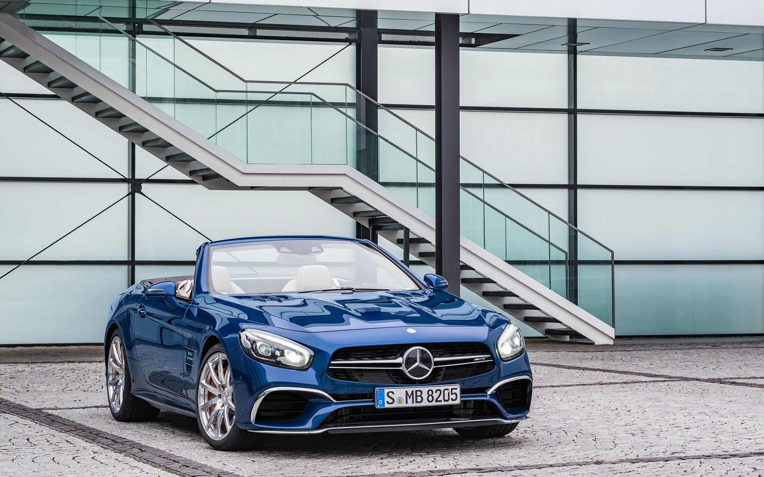 building exterior, mode of transportation, city, motor vehicle, no people, luxury, glass - material, blue, car, vintage car, 2K, Mercedes-Benz SL65 AMG, HD Wallpaper