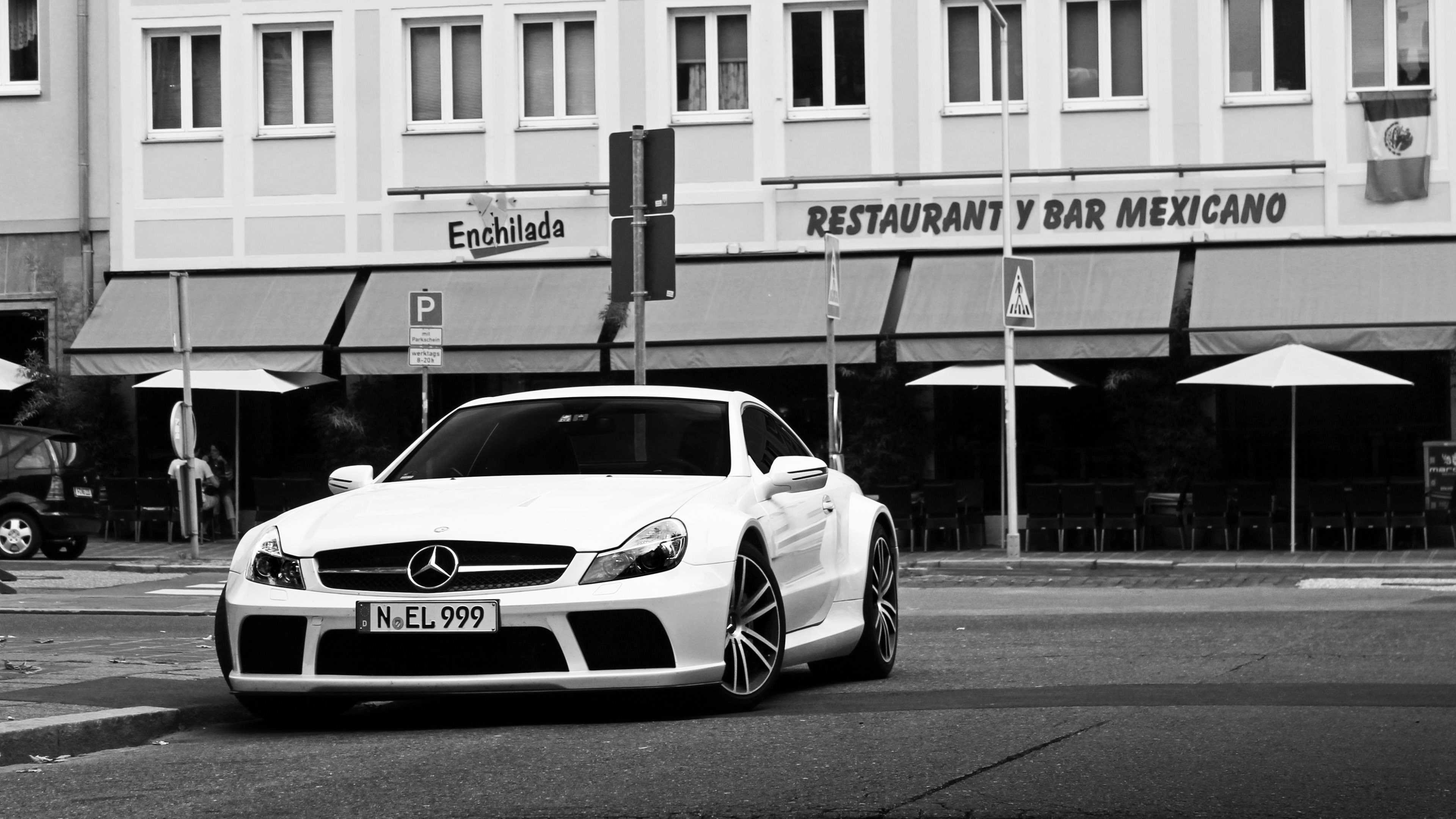 architecture, land vehicle, road, 4K, western script, motor vehicle, mercedes benz sl65, taxi, city, built structure, street, text, script, communication, HD Wallpaper