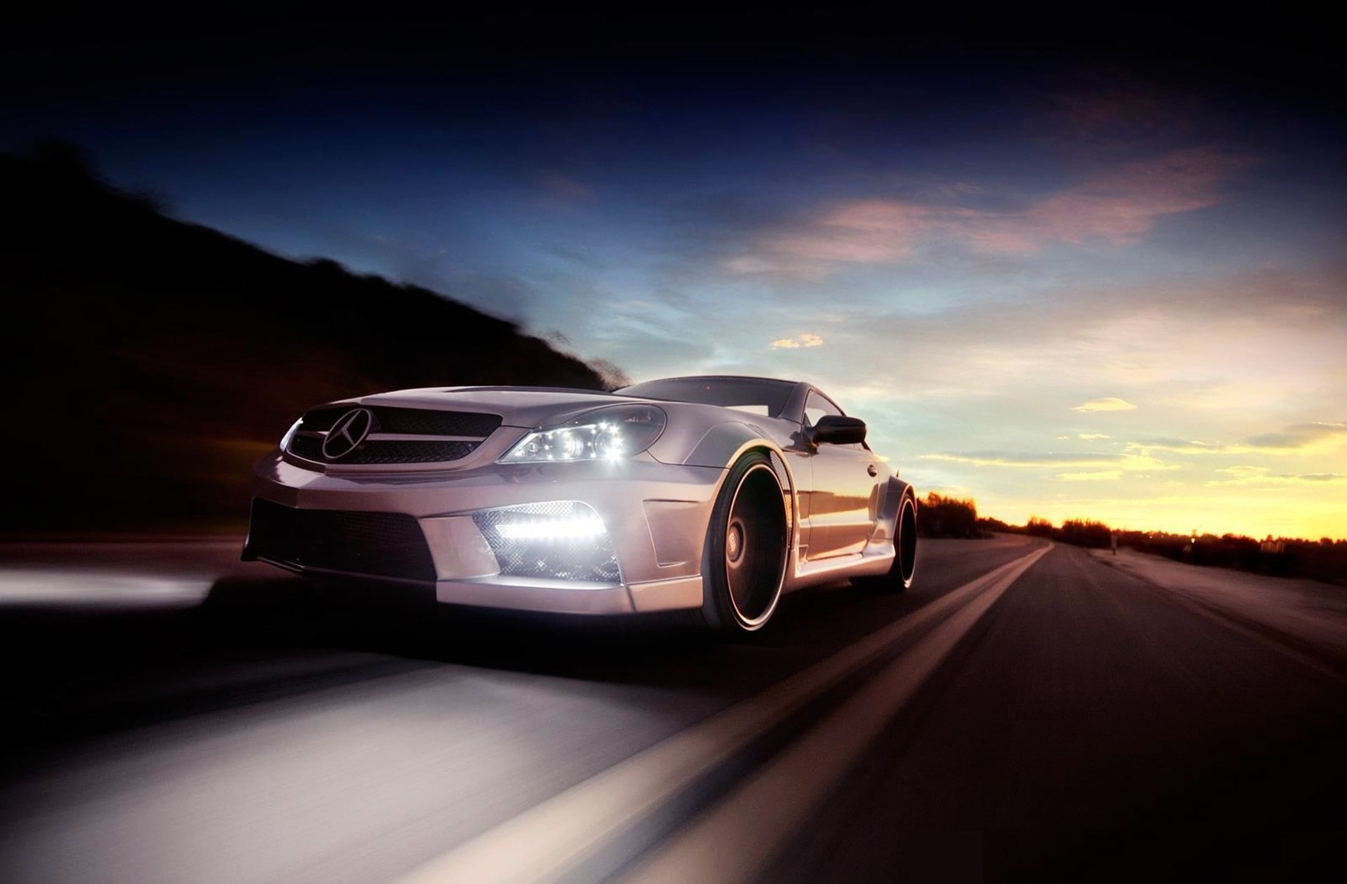 amg, mercedes, sl, benz, automobiles, mercedesbenz, sunset, night, art, cars, automotive, 1080P, hd, might, roads, HD Wallpaper
