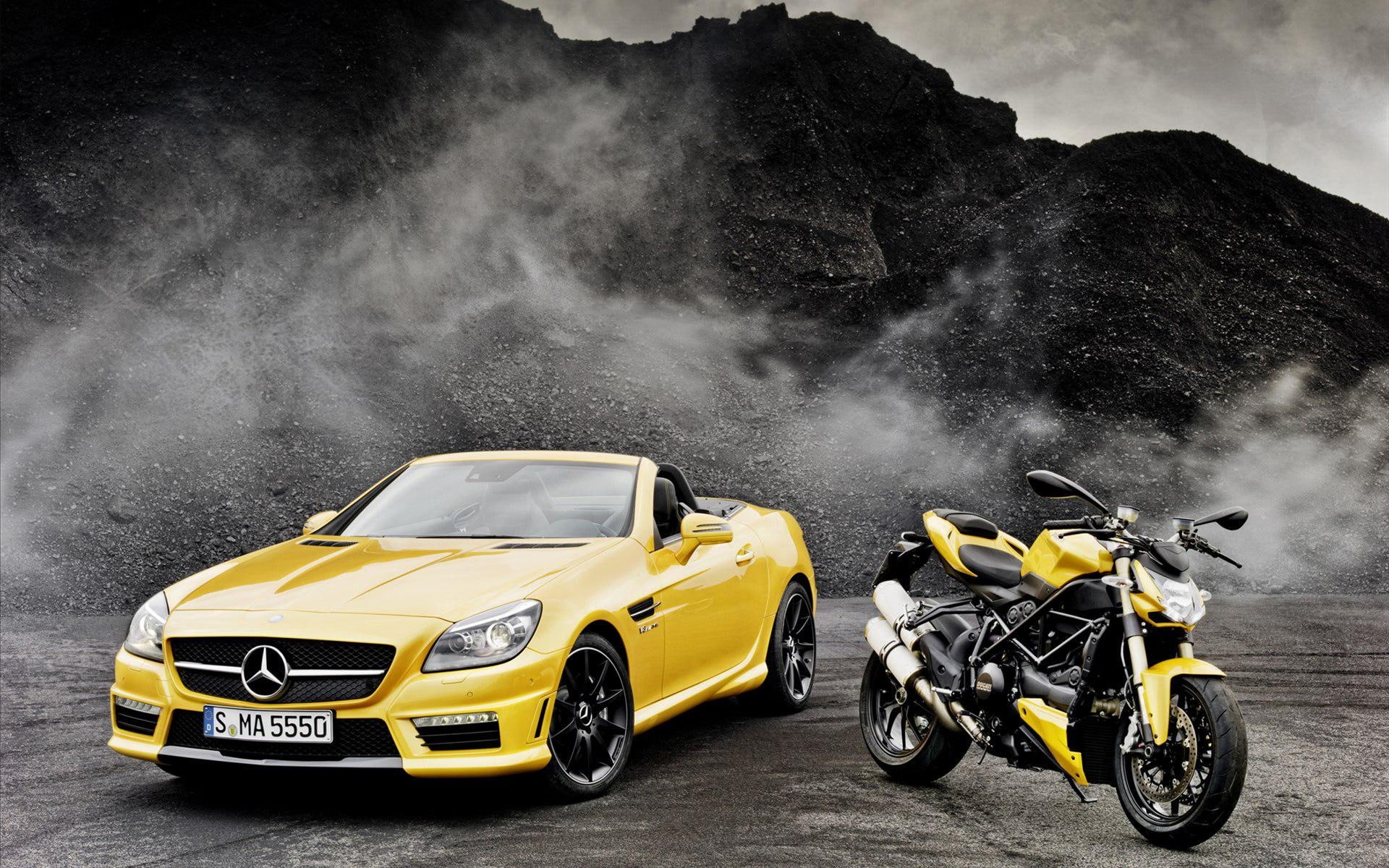 cars, mercedes benz, amg, mercedez, bike, yellow, car, 1080P, ducati, sports, benz, streetfighter, convertible, slk, mercedes, HD Wallpaper