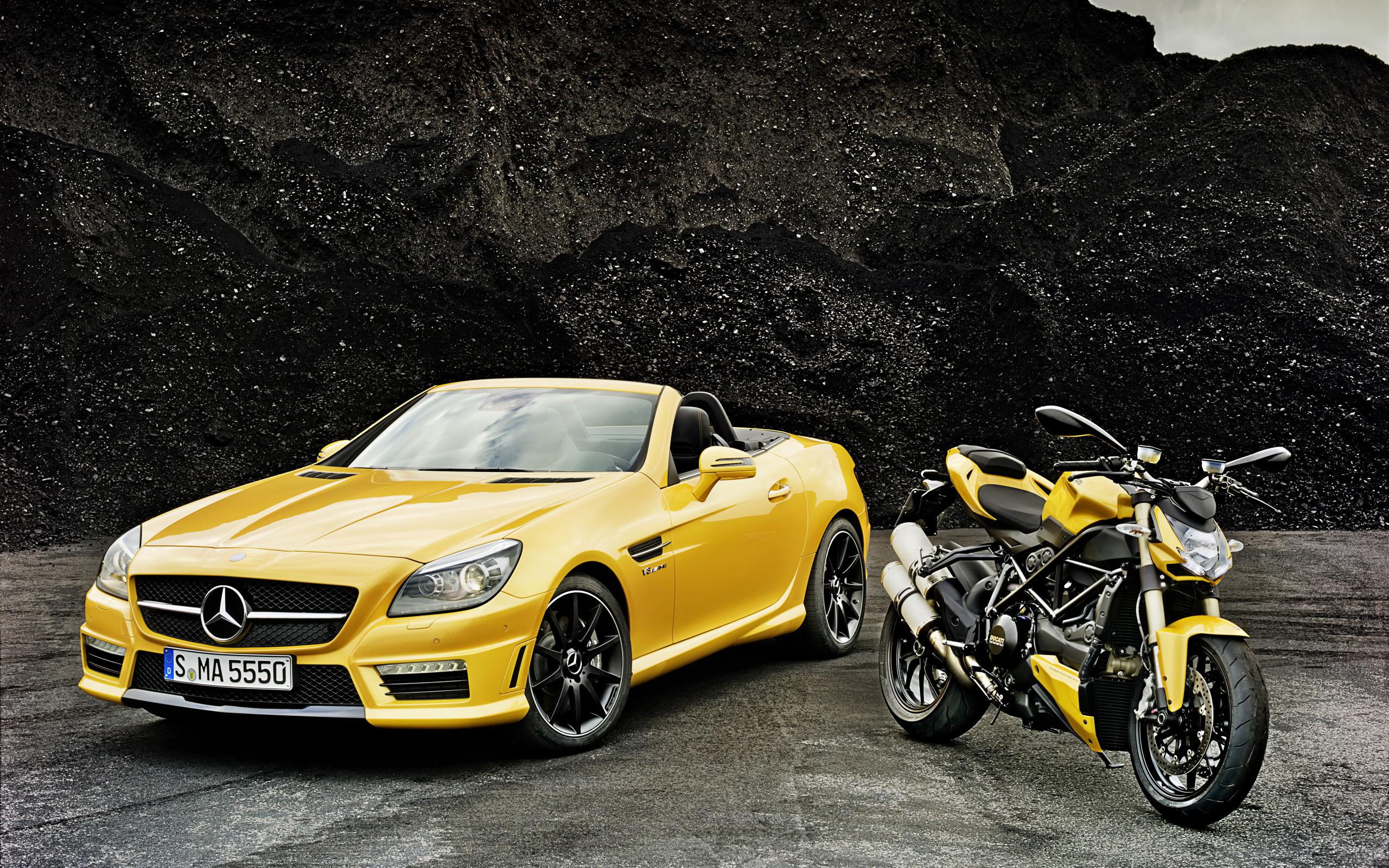 slk, streetfighter, mercedes benz, yellow, standard, 2K, 2012, coupe, black, amg, benz, ducati, motorcycle, cars, mercedes, convertible, HD Wallpaper