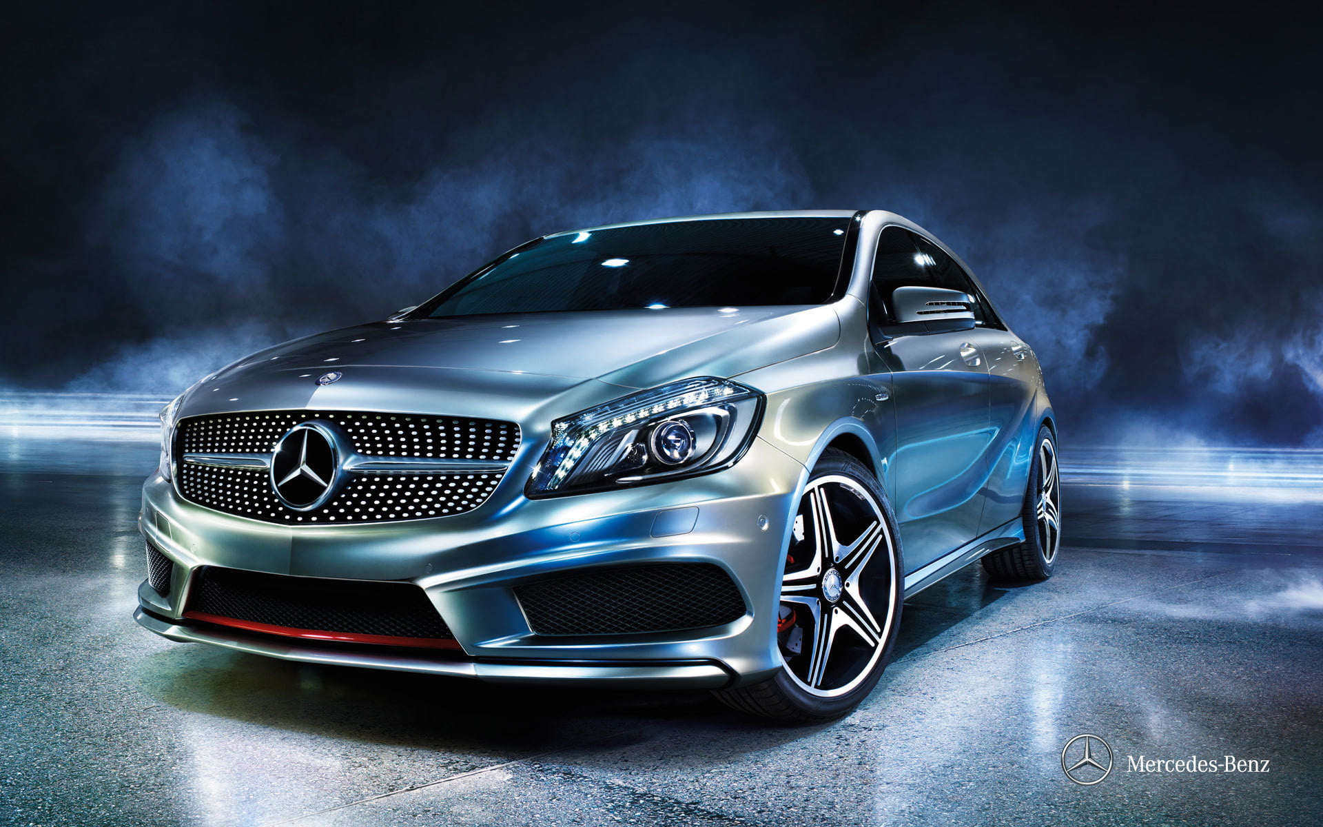 night, smoke - physical structure, chrome, transportation, silver colored, activity, Mercedes-Benz, car, 1080P, motion, headlight, motor vehicle, shiny, HD Wallpaper