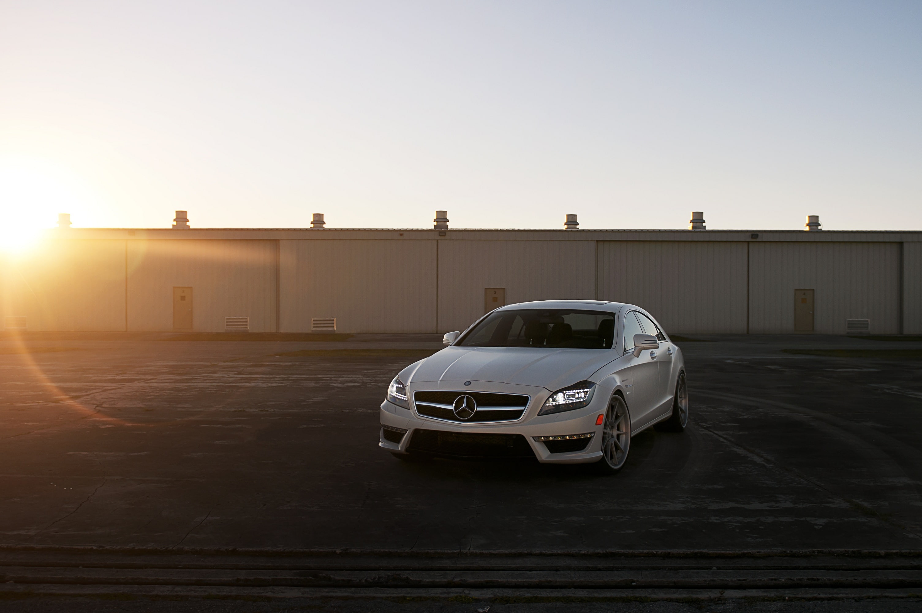 white, cls-class, architecture, sunlight, photo, benz, road, street, mercedes, no people, the city, HD, c218, mode of transportation, sunset, HD Wallpaper