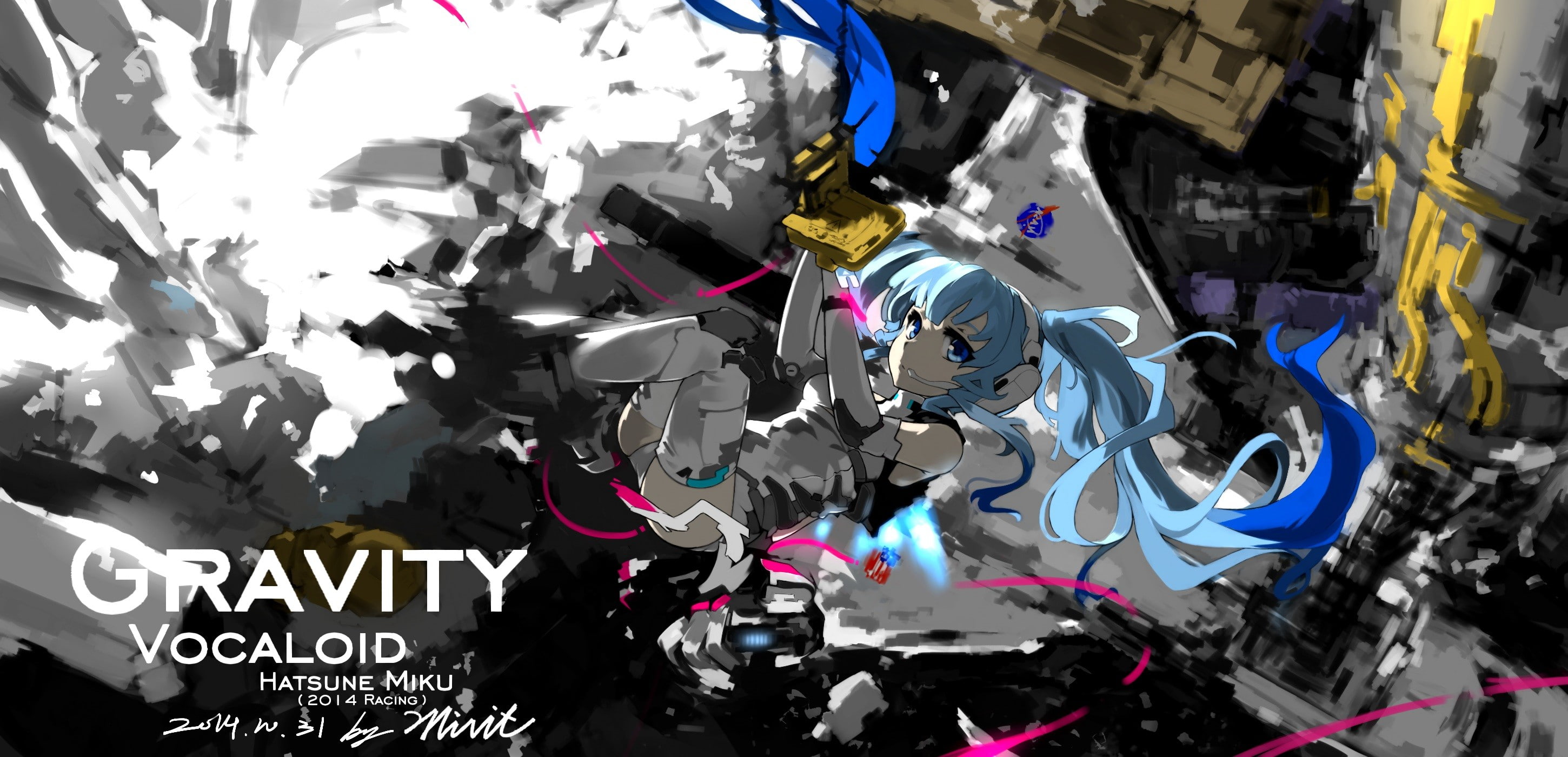 transportation, twintails, silver colored, Vocaloid, machinery, full frame, anime girls, destruction, 2K, robot, industry, metal, indoors, close-up, automobile industry, HD Wallpaper