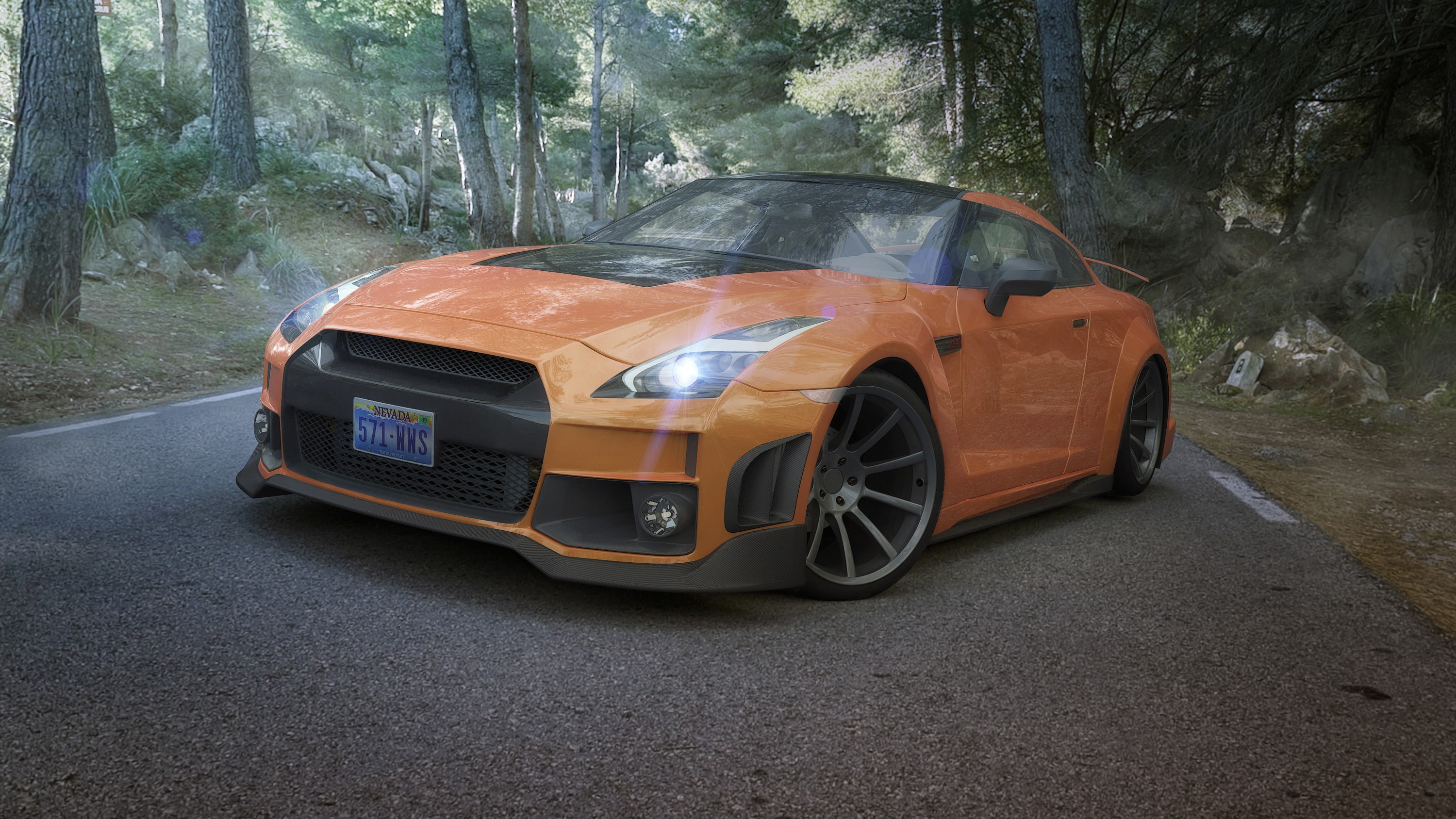 land vehicle, motor vehicle, city, nature, no people, land, travel, render, orange, plant, mode of transportation, 2K, forest, outdoors, Nissan, coupe, HD Wallpaper