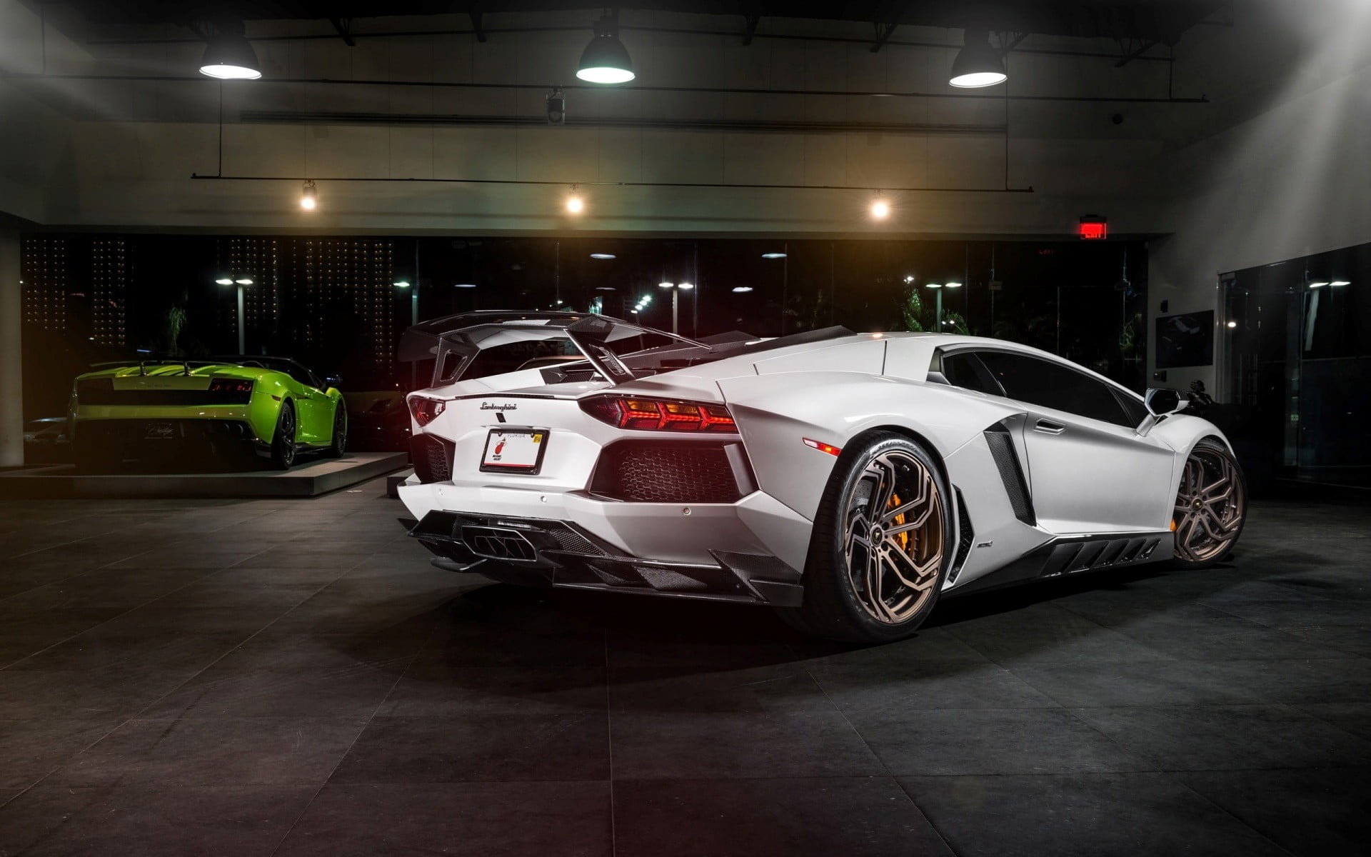 Lamborghini Aventador NL2, transportation, garage, street, night, parking lot, built structure, Lamborghini, motor vehicle, white, city, mode of transportation, HD Wallpaper