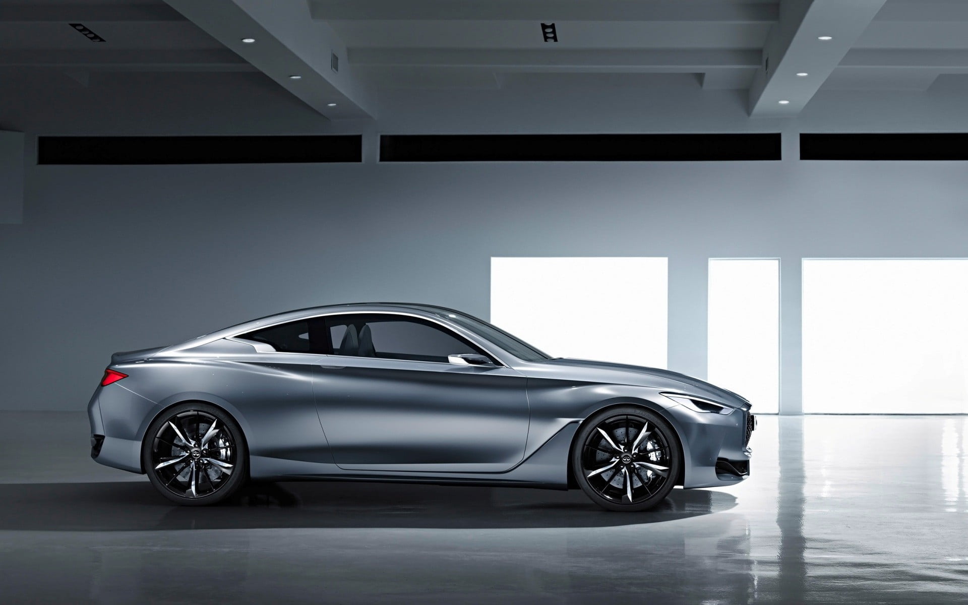 shiny, modern, Infiniti Q60, chrome, side view, sports car, automobile industry, business, silver colored, luxury, transportation, concept cars, indoors, HD Wallpaper
