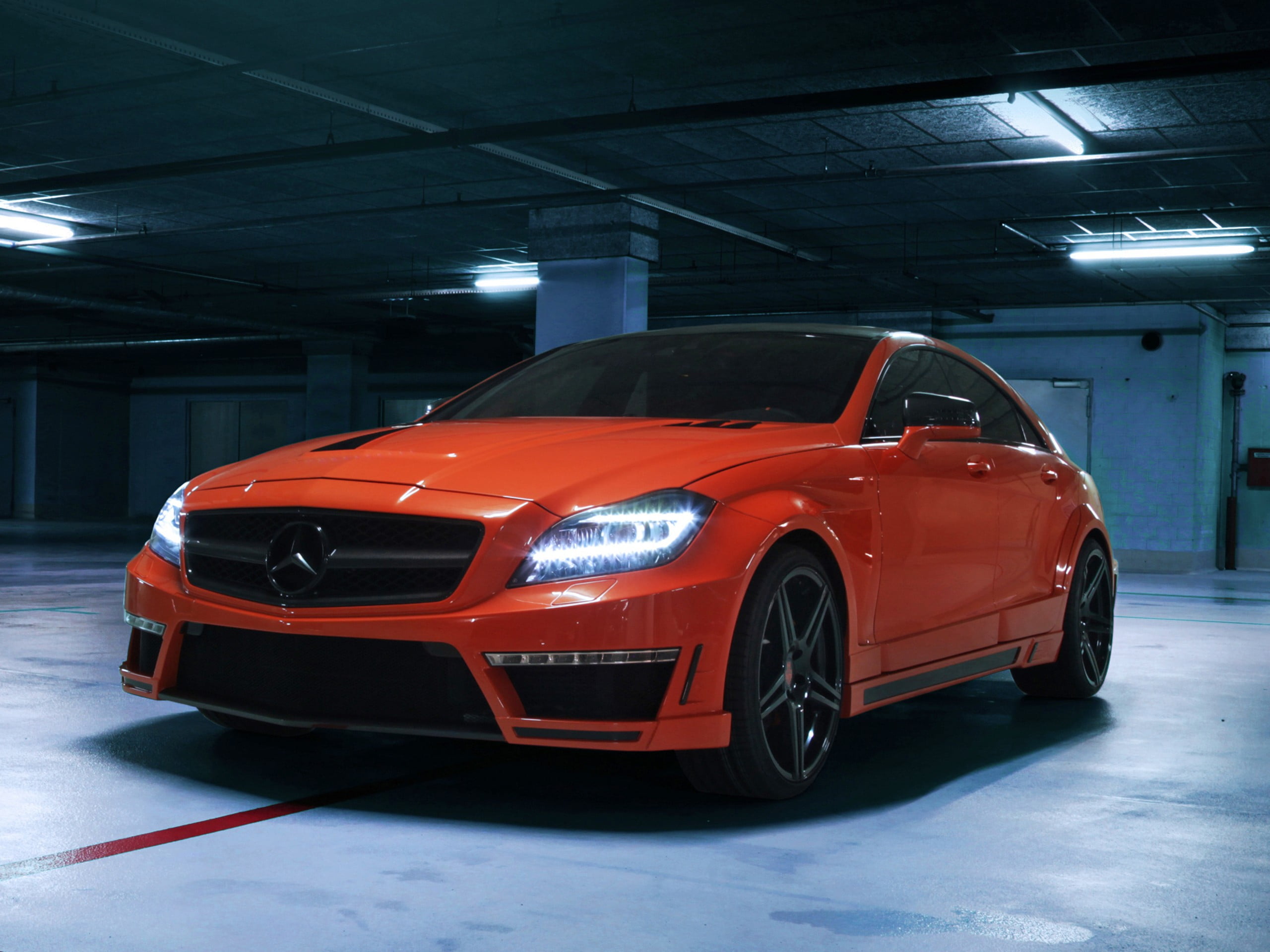 security, red, orange, sign, sports car, mercedes, architecture, parking garage, motor vehicle, land vehicle, lighting equipment, illuminated, 2K, automobile industry, HD Wallpaper