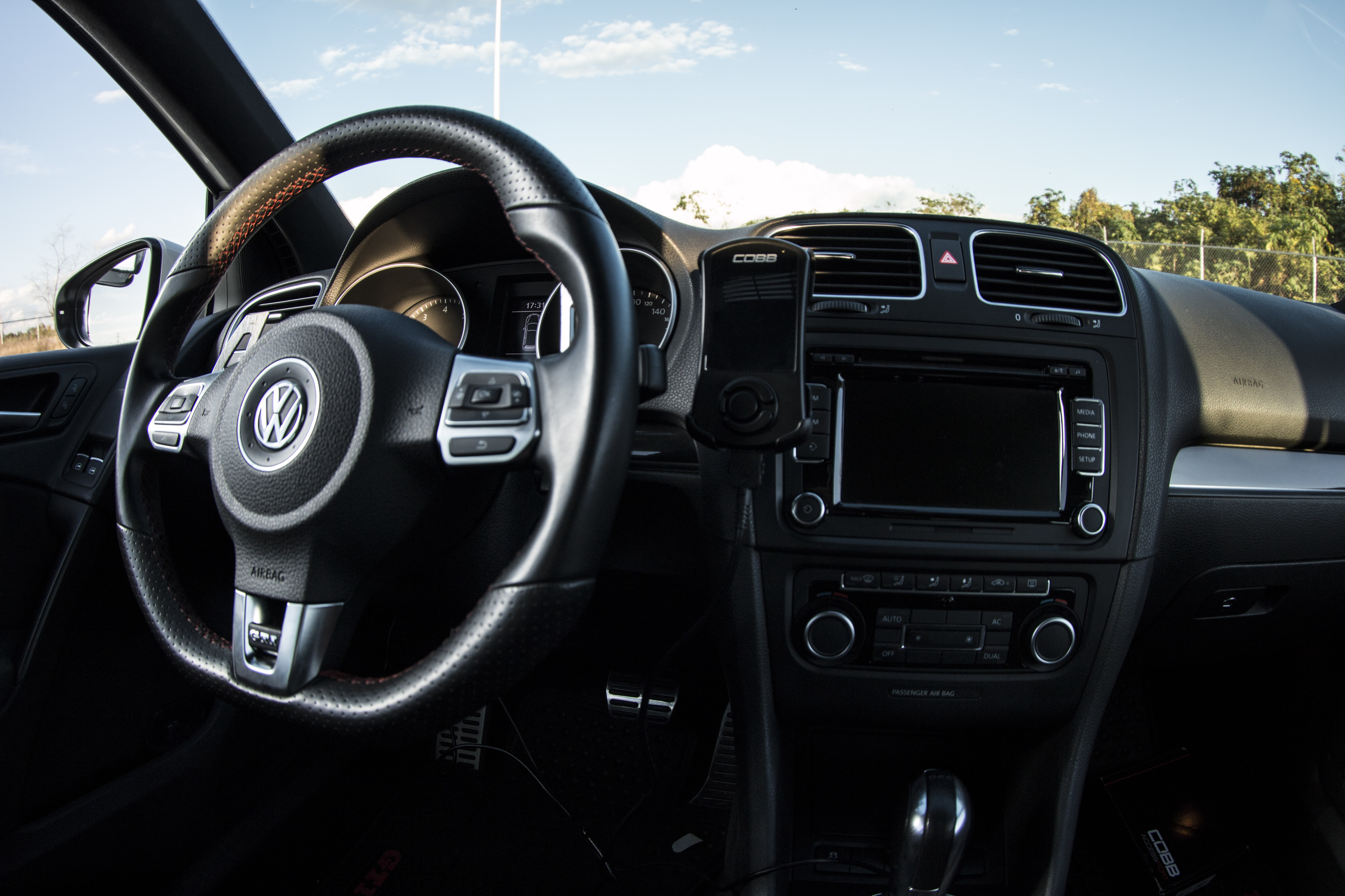 motor vehicle, close-up, land vehicle, sky, GTI, gearshift, steering wheel, cloud - sky, outdoors, AMG Black Series, Mexico, VW Golf 6 GTI, control panel, HD Wallpaper