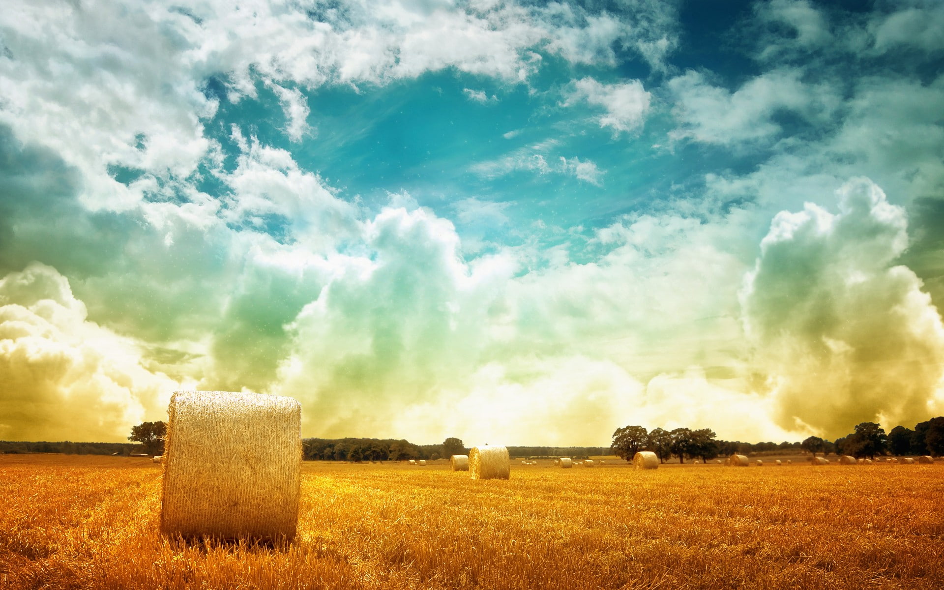 scenics - nature, environment, nature, sky, haystacks, field, outdoors, beauty in nature, rural scene, day, cloud - sky, clouds, filter, farm, hay, no people, HD Wallpaper