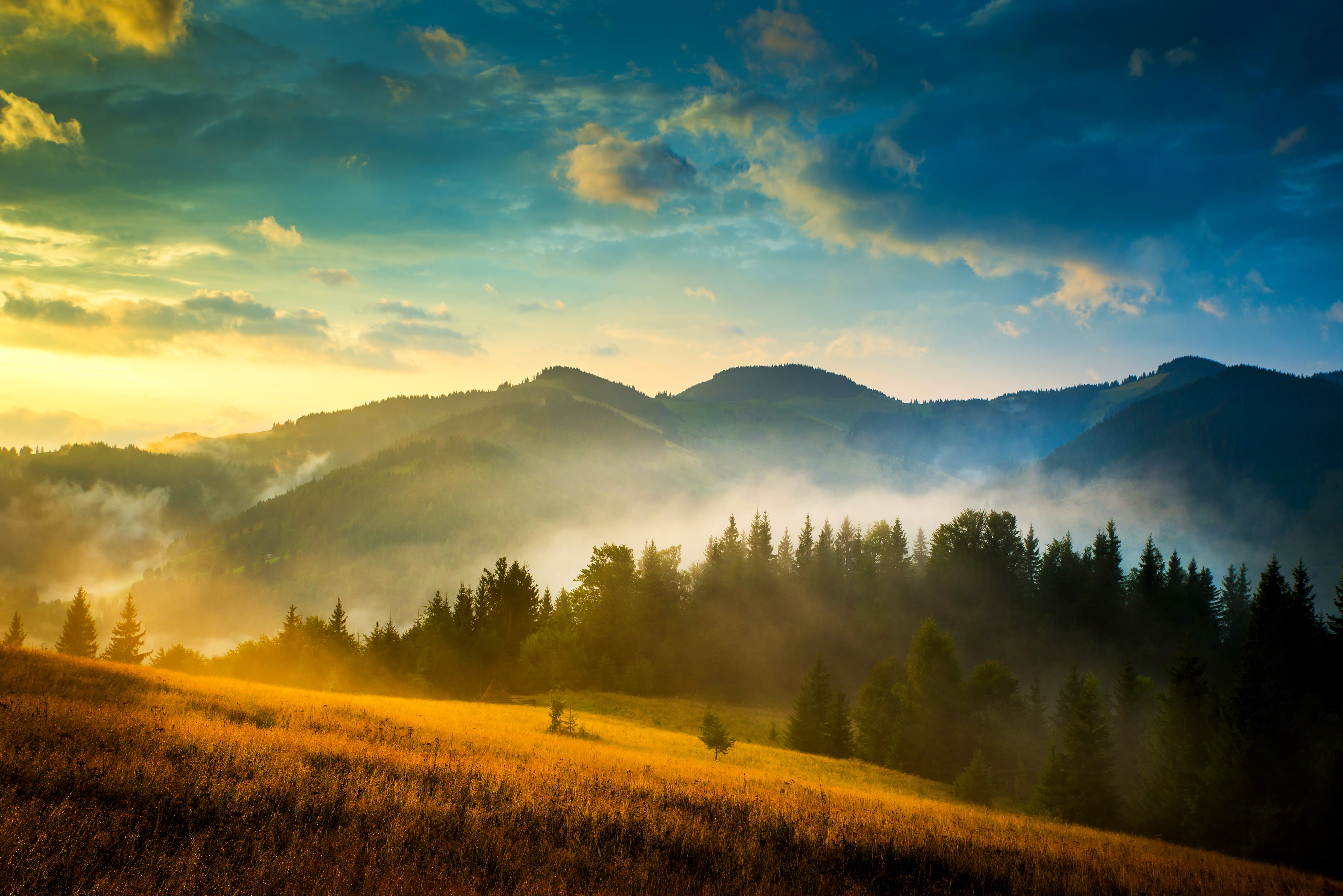 Haystack, 4K, 4K, Mountains, Landscape, Fog, HD Wallpaper