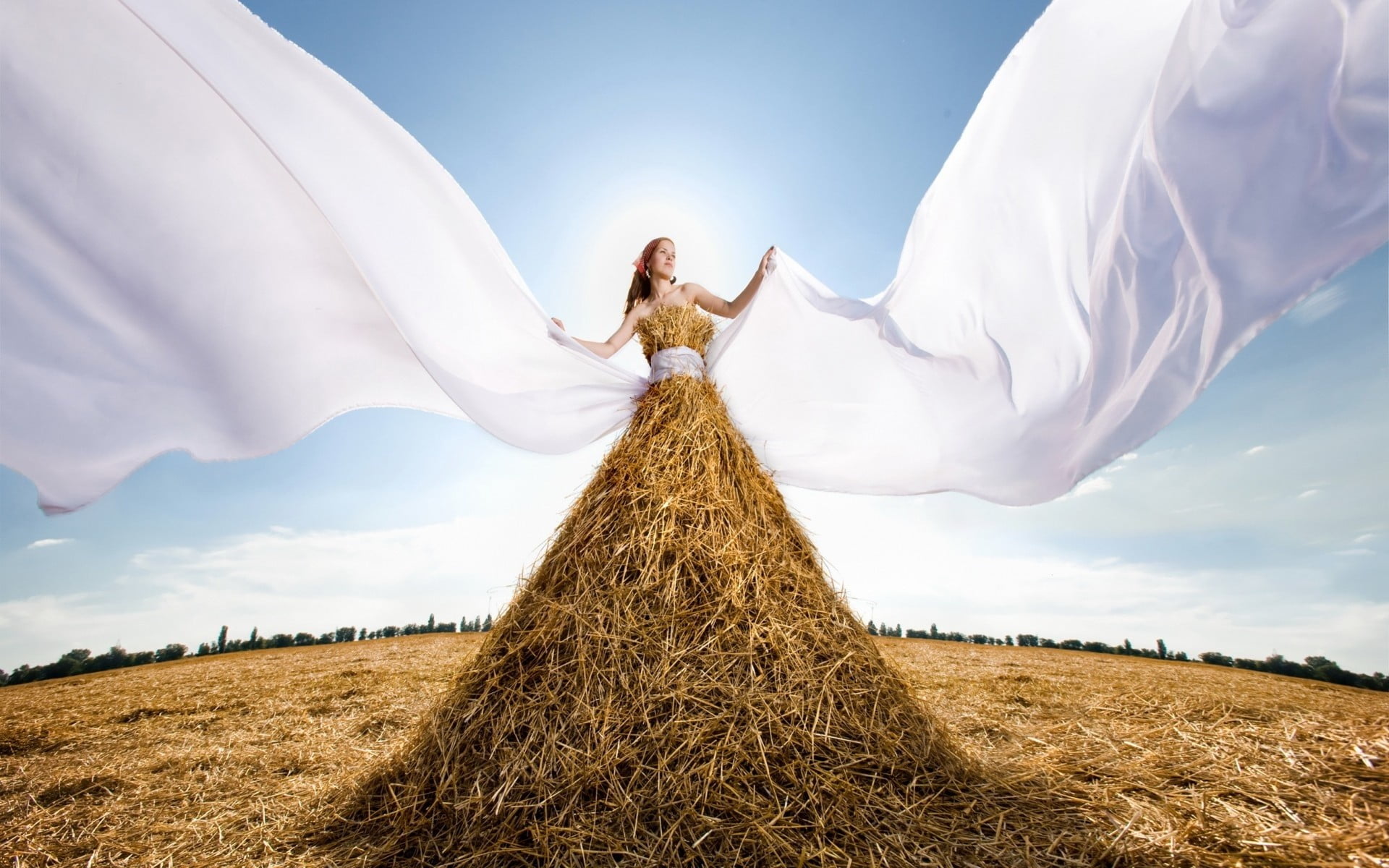 human arm, outdoors, hay, plant, 1080P, fisheye lens, long hair, cloud - sky, nature, land, low angle view, sky, brunette, arms raised, straw, adult, model, HD Wallpaper