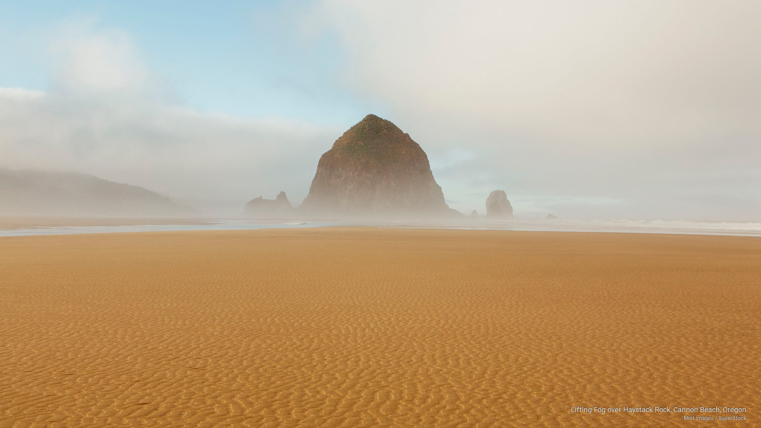 lifting, fog, beach, 2K, haystack, cannon, Beaches, rock, oregon, HD Wallpaper