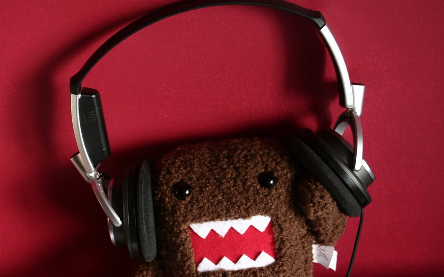 indoors, technology, body part, human body part, headphones, stereo, people, equipment, monster, plush, domo, Red, toy, close-up, listening, colored background, HD Wallpaper