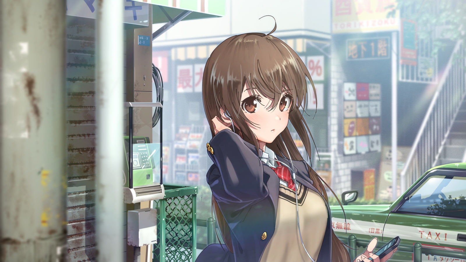 phone, eyes, building, konachan, car, tie, stairs, 720P, blush, original, hair, headphones, seifuku, 256020, com, brown, long, domo, HD Wallpaper