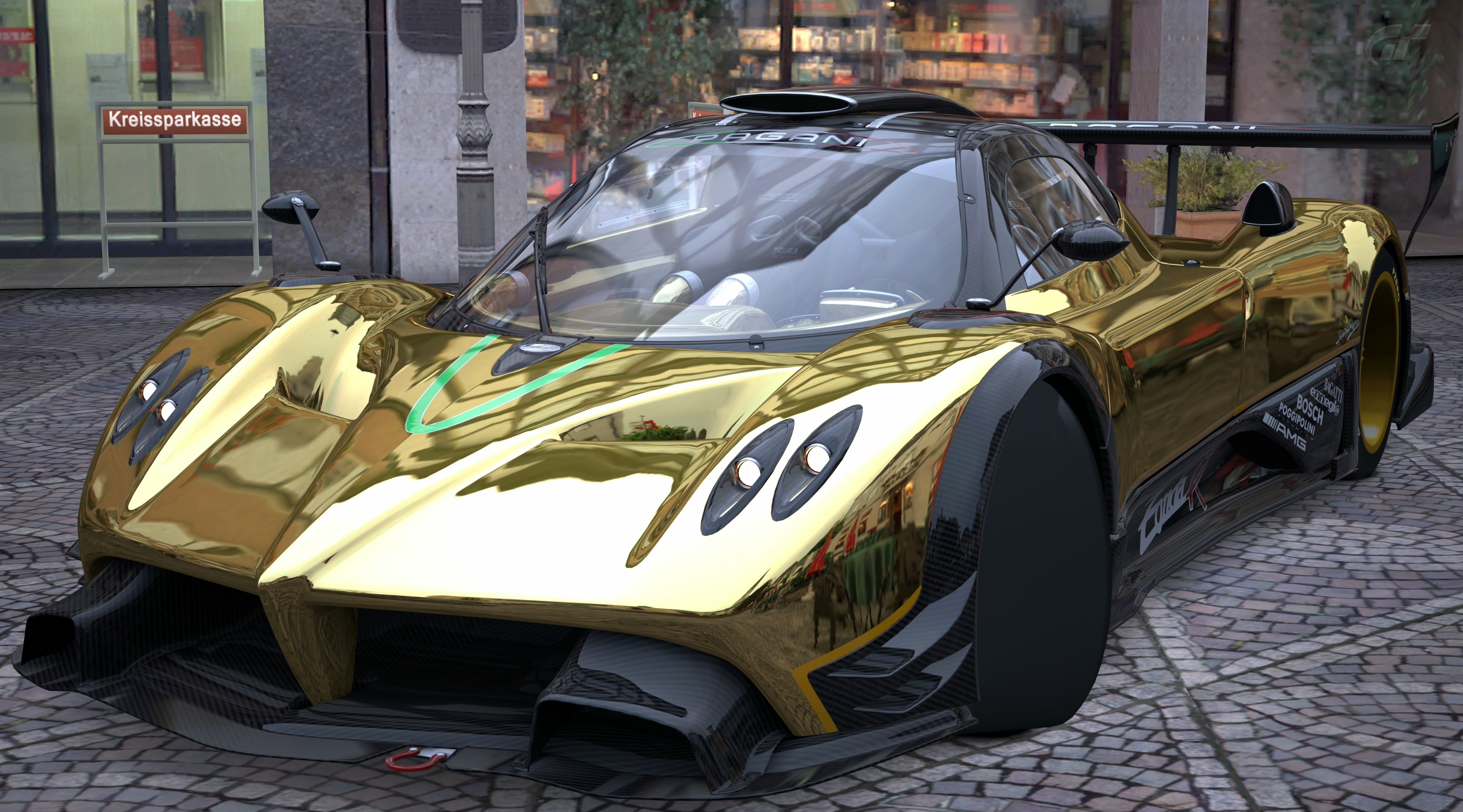 motor vehicle, stationary, architecture, street, outdoors, no people, huayra, transportation, Gold, r, retro styled, text, Gran Turismo, zonda, cobblestone, HD Wallpaper
