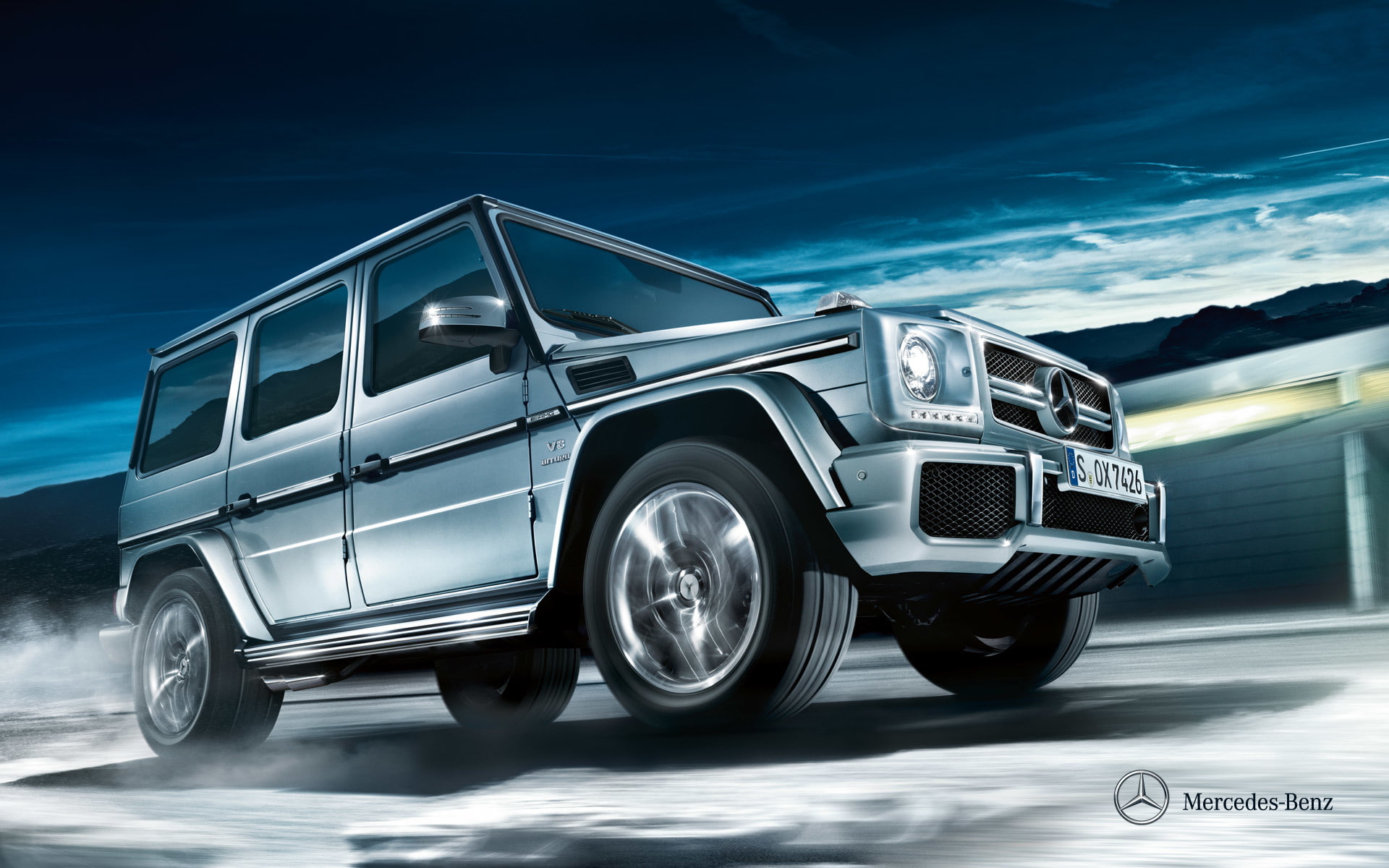silver colored, tire, truck, Mercedes, g, suv, motor vehicle, motion, sky, 1080P, no people, G-class, Gelandewagen, transportation, speed, cloud - sky, HD Wallpaper
