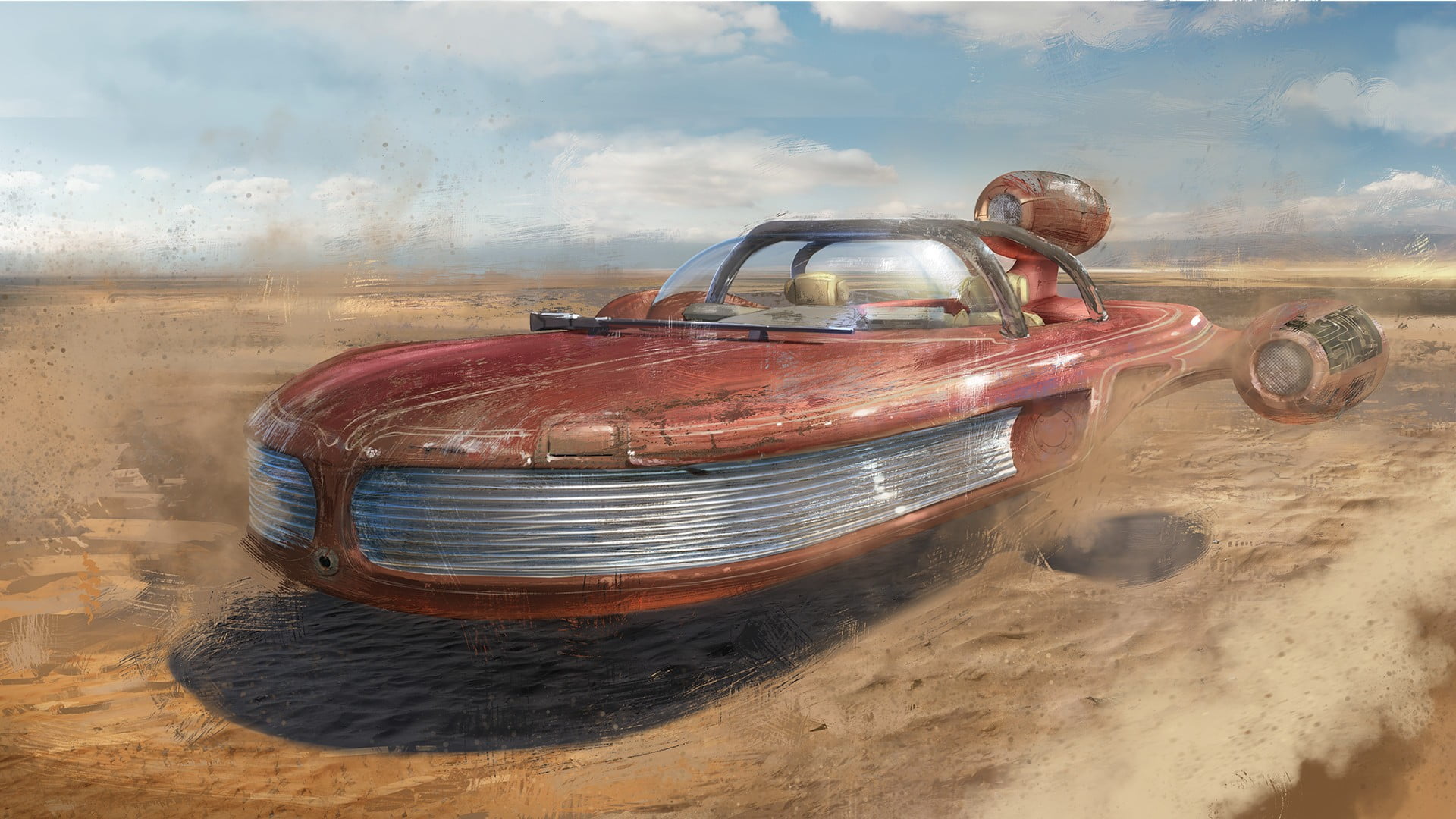 car, Star Wars, day, mode of transportation, motor vehicle, metal, land, Tysen Johnson, cloud - sky, 1080P, headlight, landspeeder, retro styled, old, HD Wallpaper