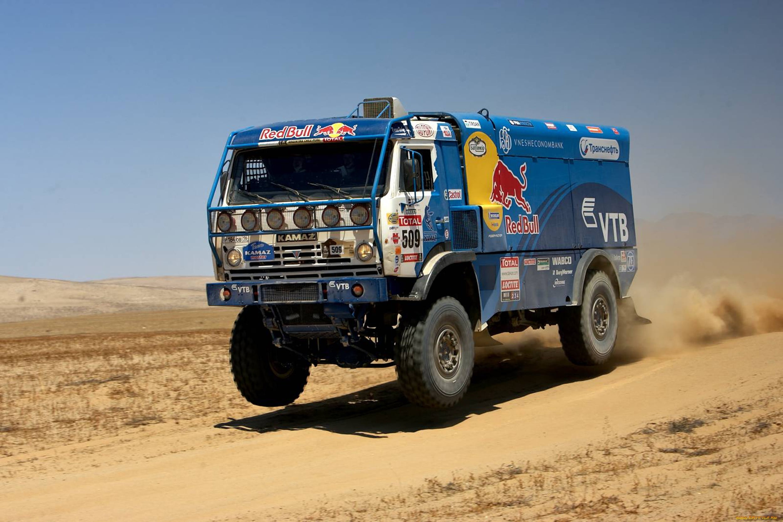 KAMAZ, Truck, mode of transportation, climate, car, Speed, 1080P, arid climate, 4x4, scenics - nature, off-Road Vehicle, land, off, Lights, 4wd, Red Bull, HD Wallpaper