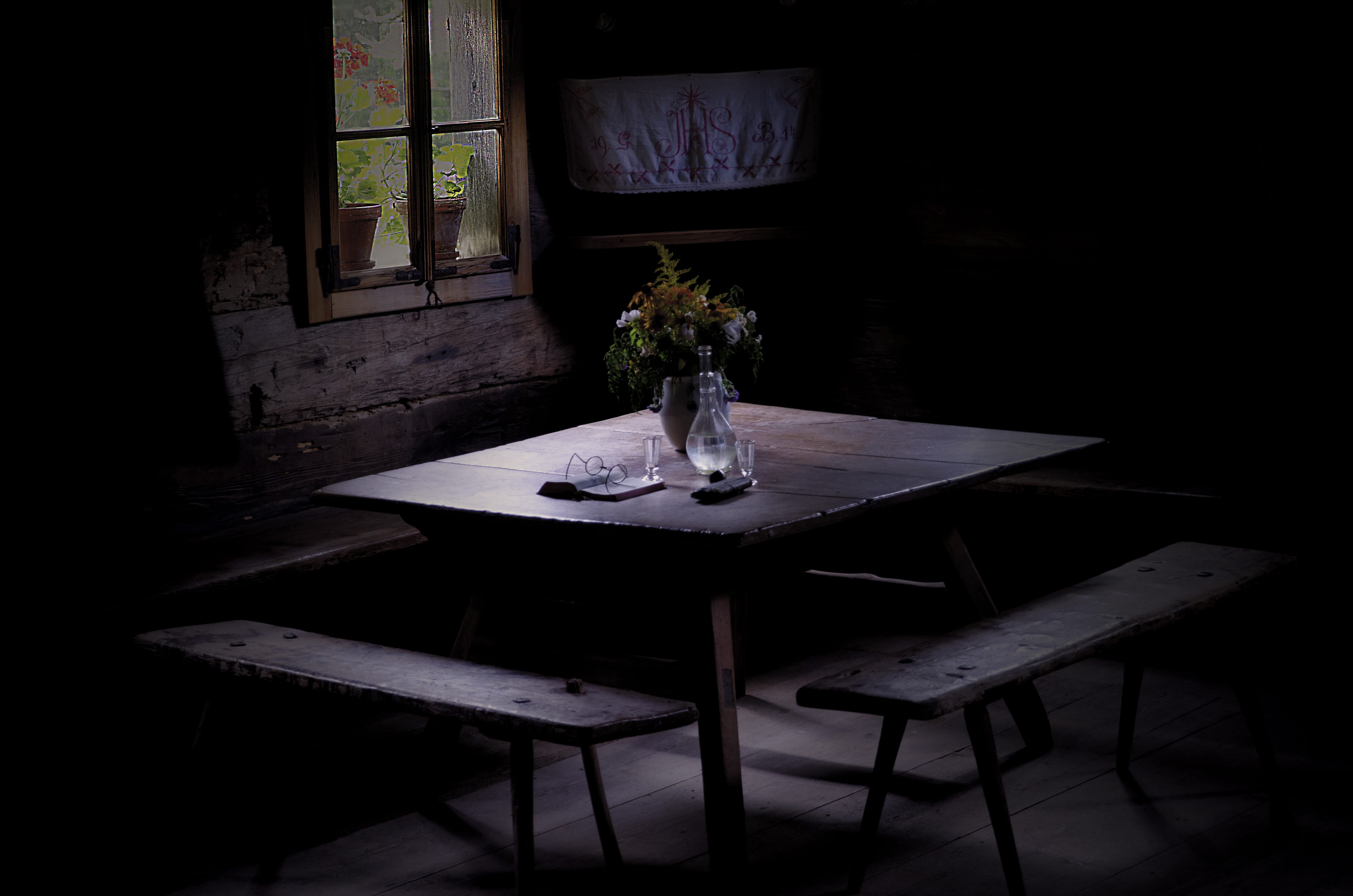 dark, wooden, abandoned, wood, seat, housing, absence, table, room, furniture, glass, home, clear, domestic room, light, building, design, no people, near, HD Wallpaper