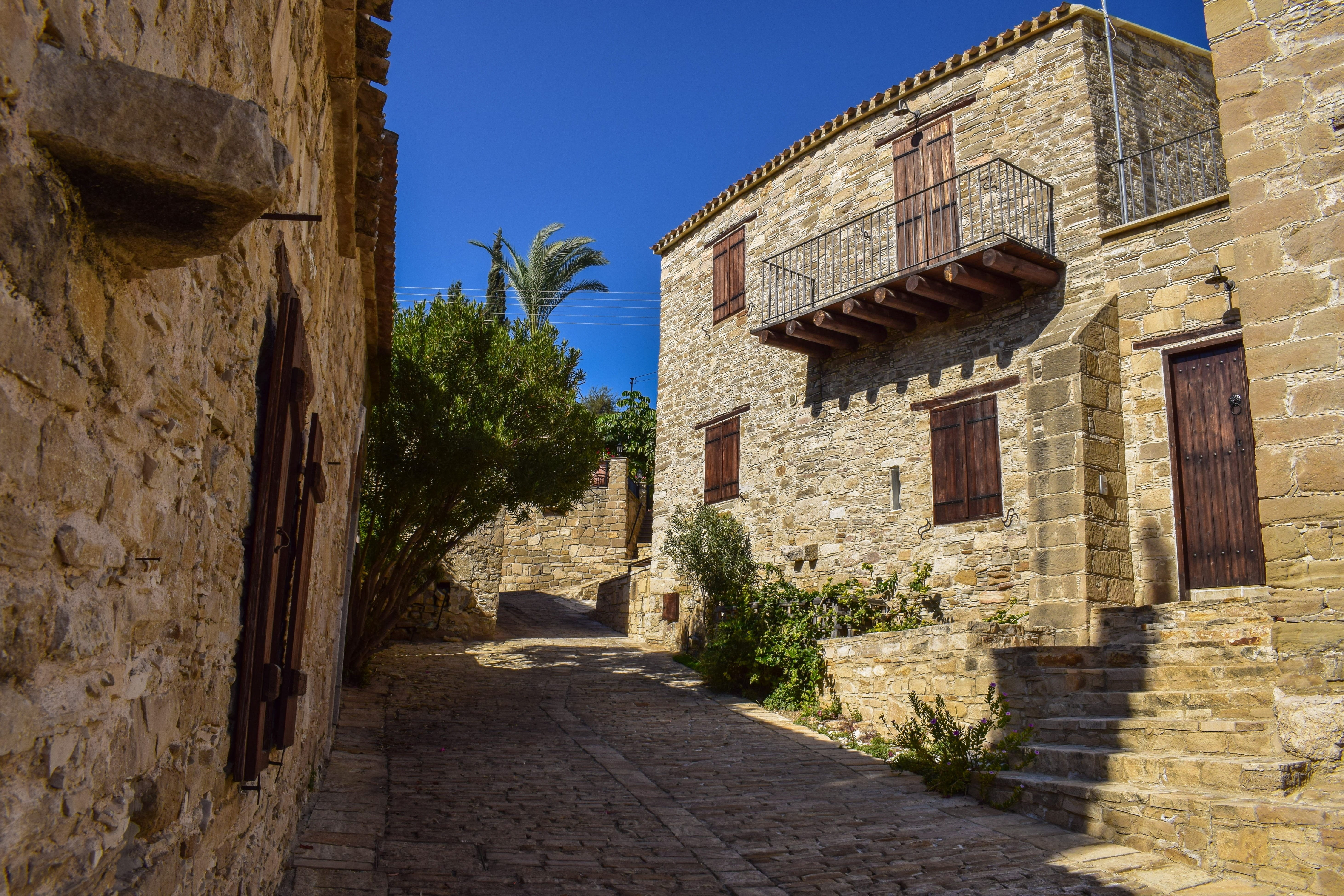 architecture, no people, building exterior, direction, building, stone built, village, footpath, the way forward, shadow, 5K, stone wall, outdoors, nature, HD Wallpaper