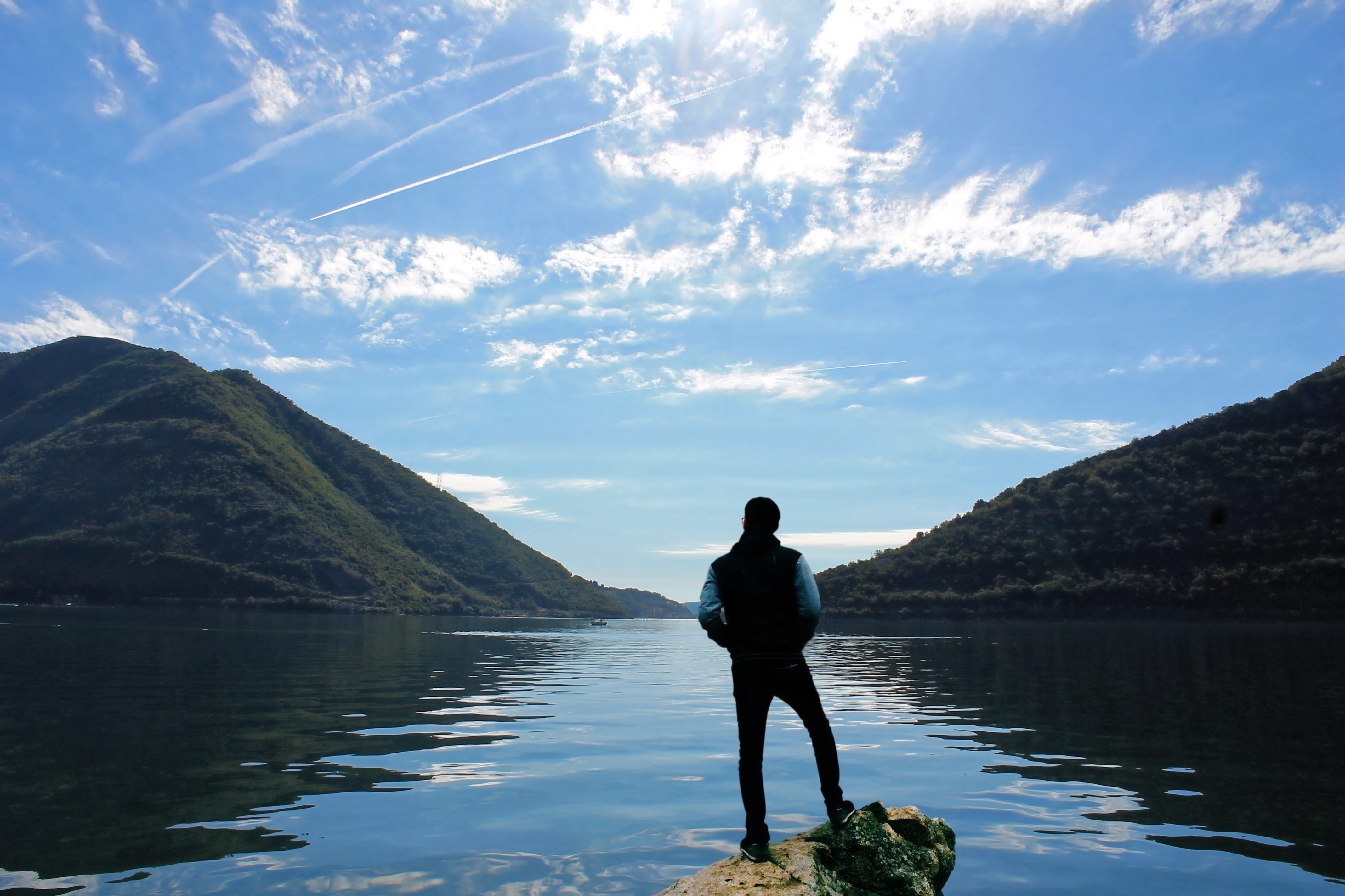 scenery, ripples, thoughtful, photo, rocky mountains, male, front, mountain lake, view, lake, scenics - nature, scene, outdoor, cloud - sky, man, landscape, HD Wallpaper