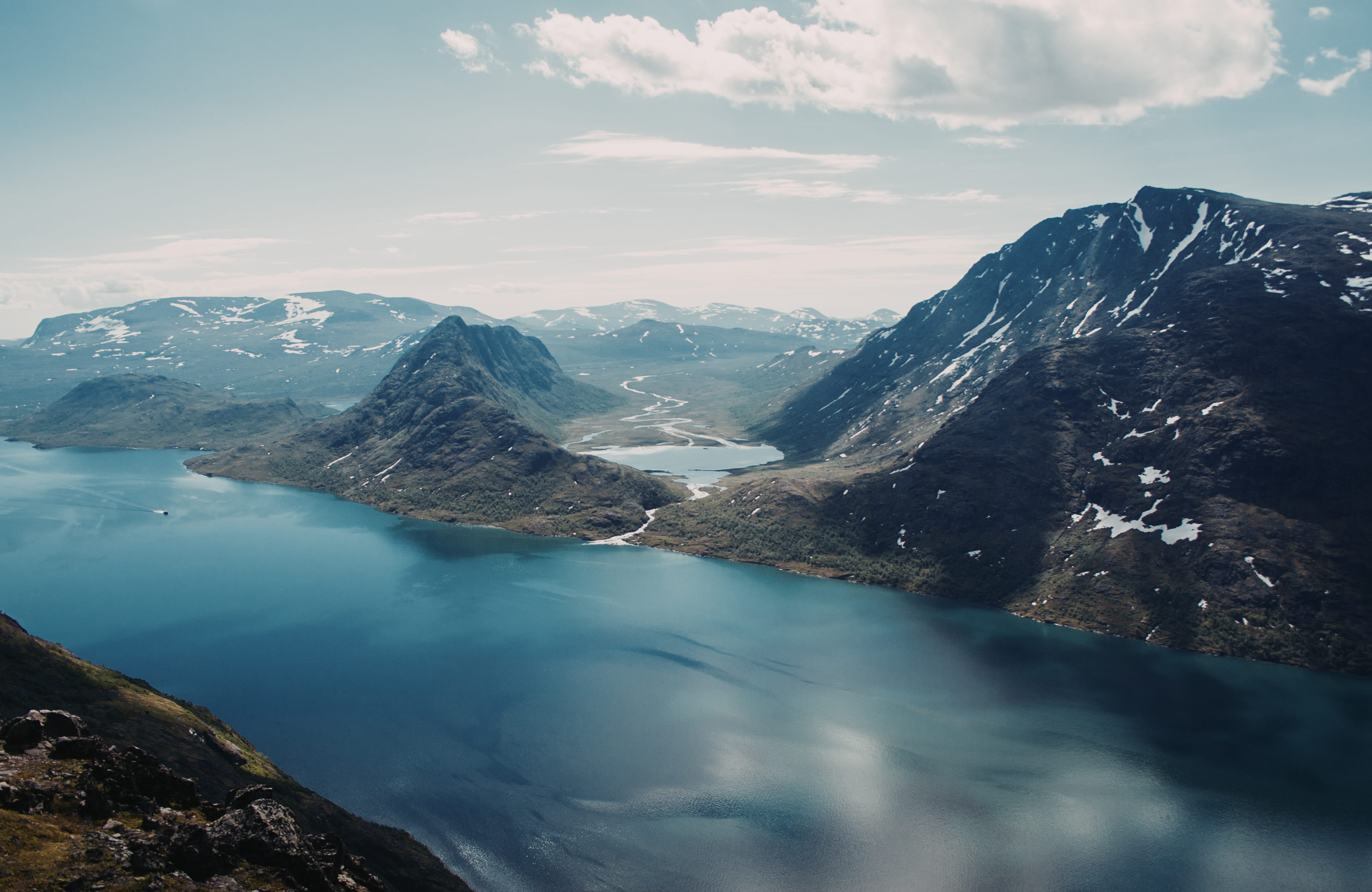 scenics, reflection, boat, fjord, blue, sunlight, river, famous Place, europe, switzerland, nature, sky, european Alps, hiking, view, journey, drone view, HD Wallpaper