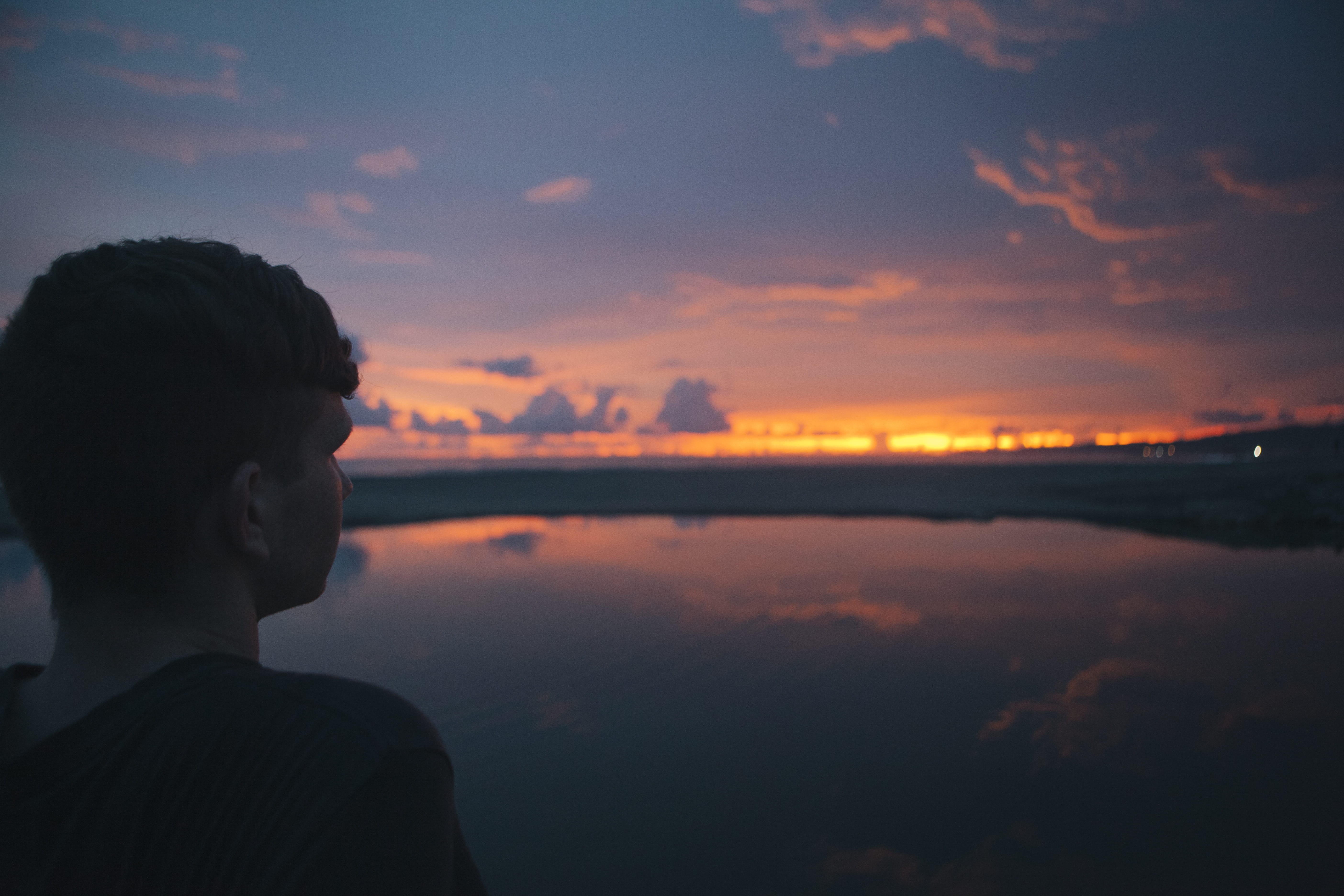 man, 5K, leisure activity, lifestyles, rear view, tranquility, sky, men, sun, contemplation, lake, portrait, person, summer, sunrise - Dawn, reflection, HD Wallpaper