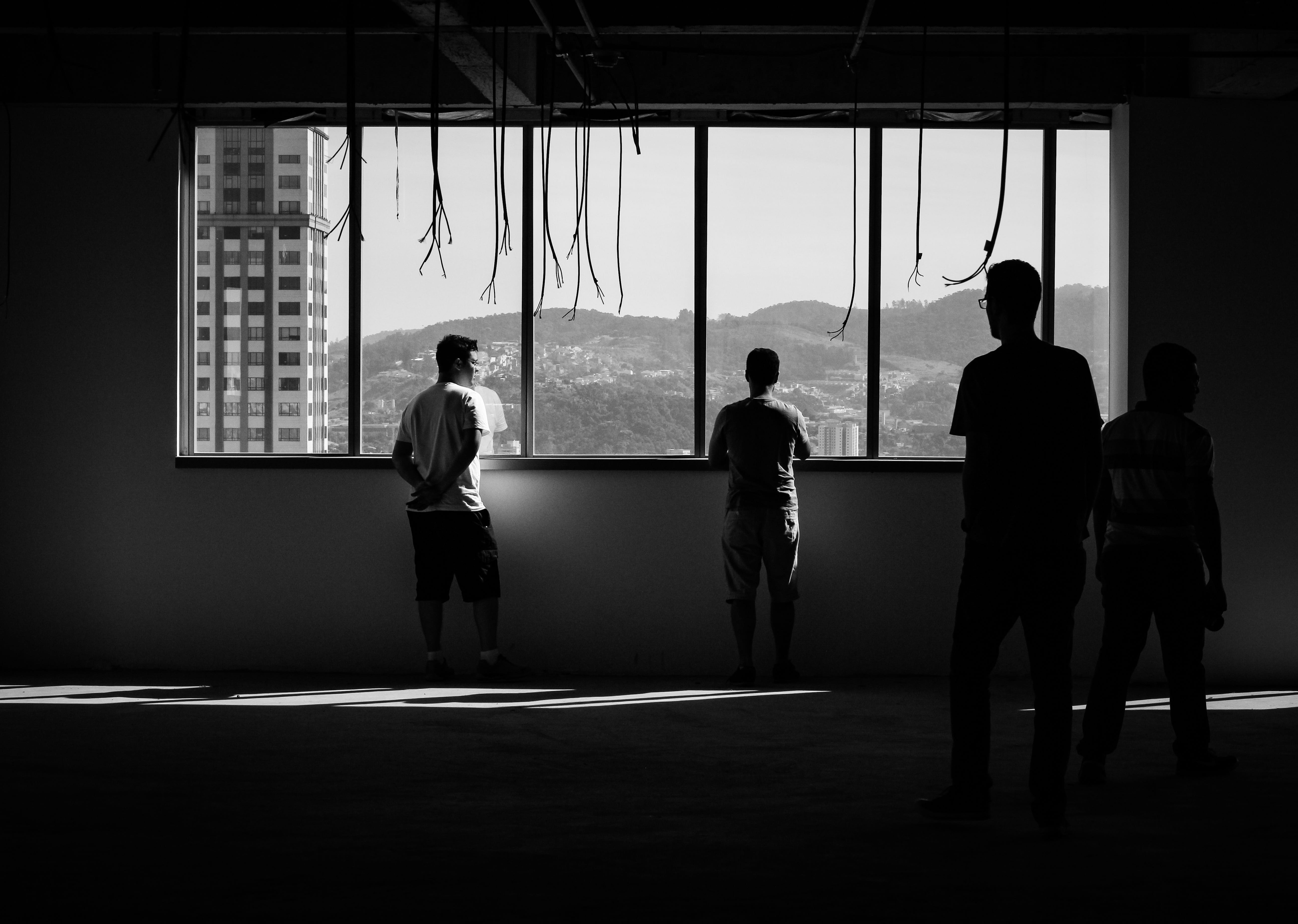indoors, hill, men, nature, group of people, window, silhouette, lifestyles, hairstyle, person, near, man, 5K, black and white, women, urban, work in progression, HD Wallpaper