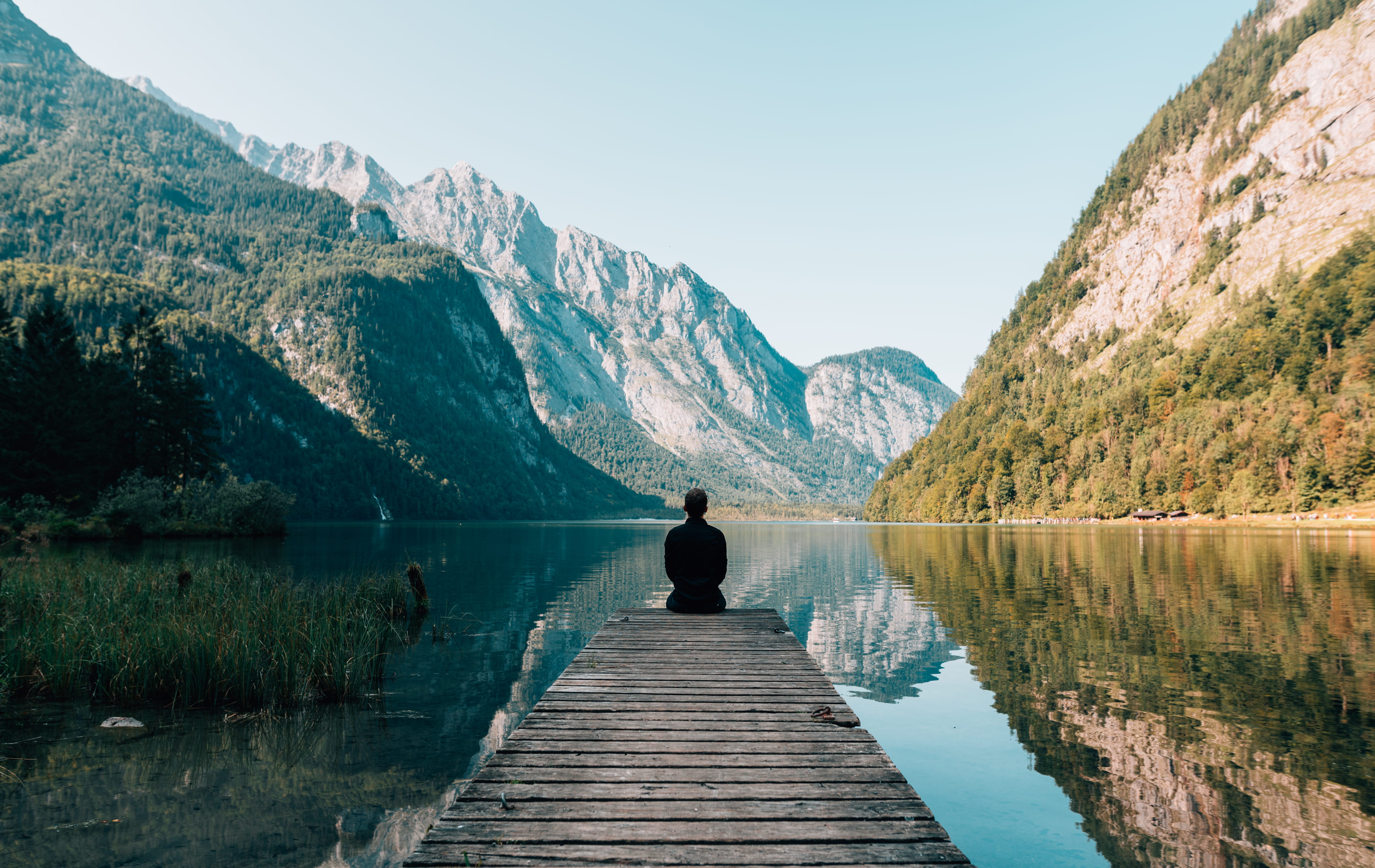 sitting, near, mountain, view, one person, reflections, vacations, mountains, tranquility, scenery, looking, rear view, tranquil scene, nature, trip, scenic, HD Wallpaper