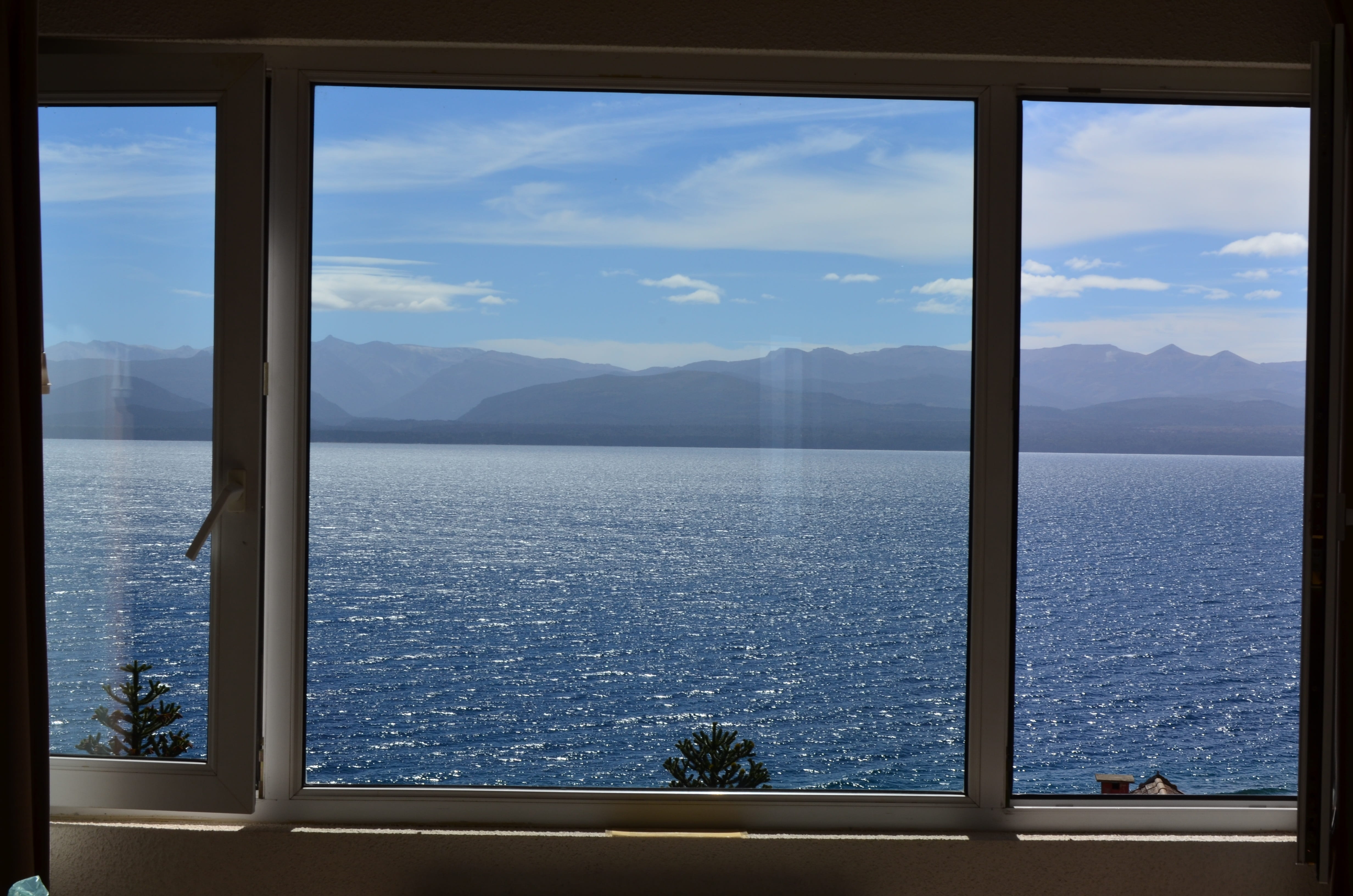 nature, day, indoors, water, tranquility, 4K, scenics - nature, beauty in nature, window frame, sky, lake, cloud - sky, mountain range, transparent, tranquil scene, HD Wallpaper