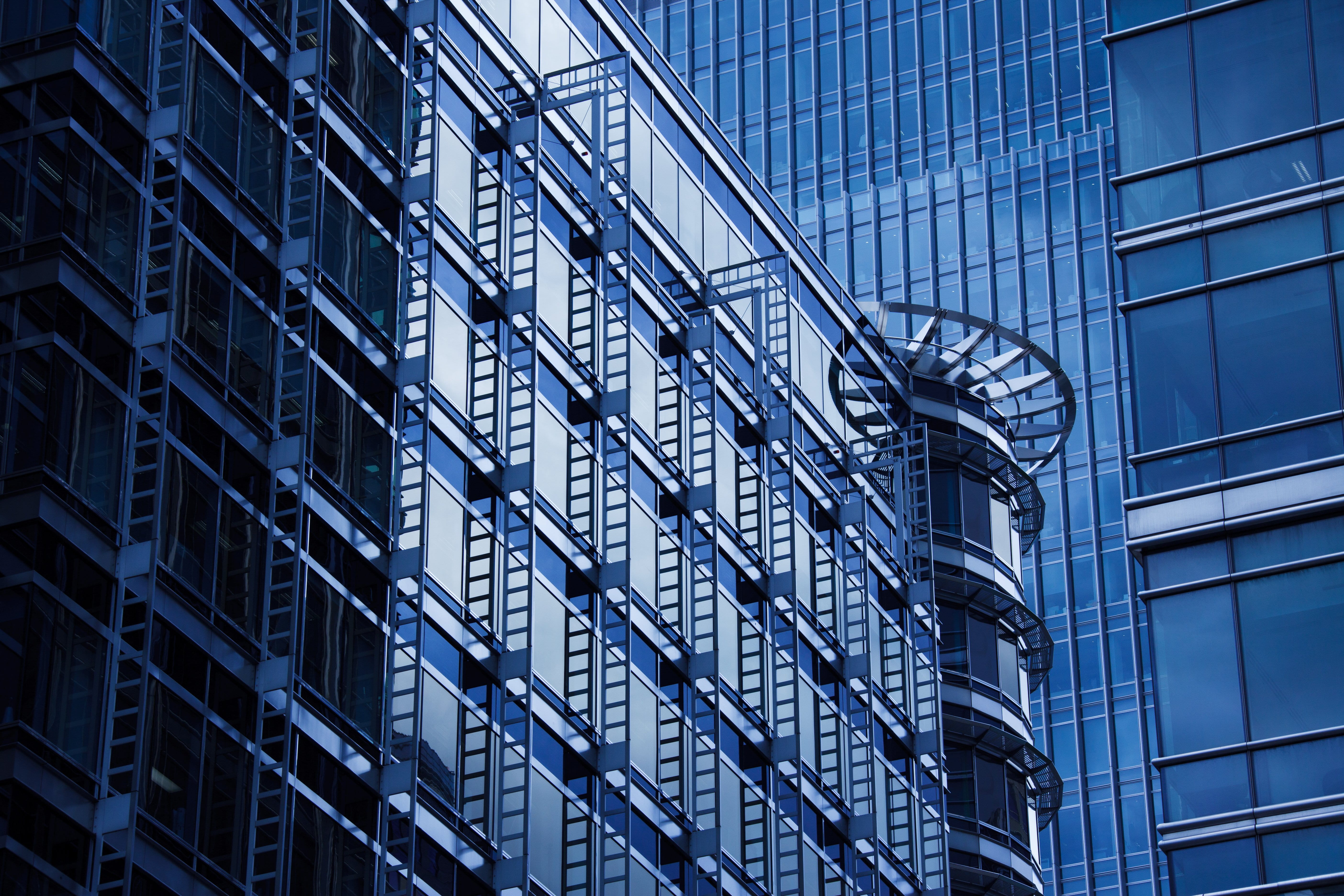 5K, design, texture, blue, new, low angle view, day, built structure, office, architecture, futuristic, building exterior, buildings, azure, corporate business, HD Wallpaper