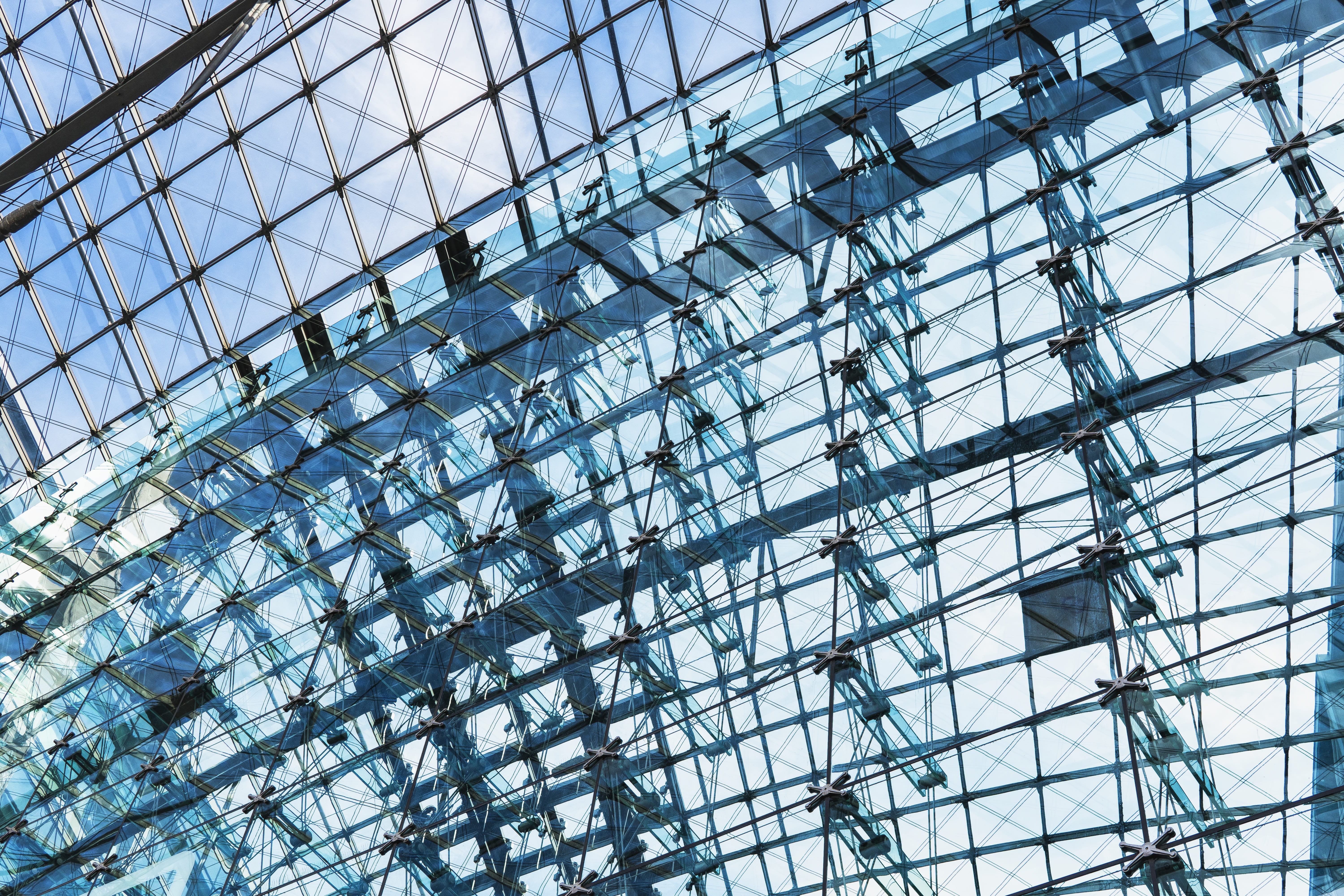 low angle view, window, design, futuristic, day, no people, iron, reflection, sky, silver colored, Abstract, metal, built Structure, Architecture, 5K, HD Wallpaper