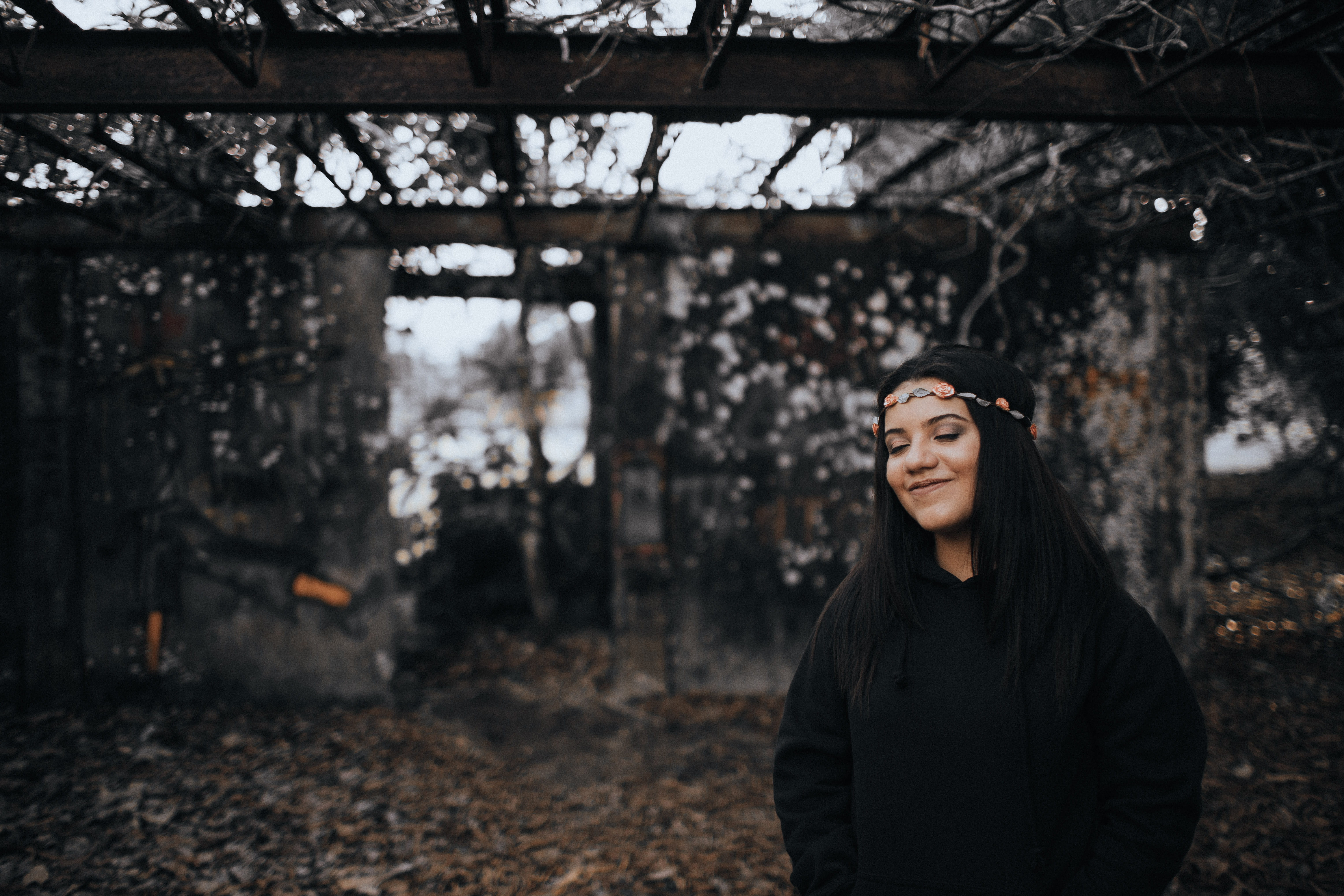 looking away, portrait, photoshoot, model, black hair, latin, outdoors, young women, adult, black, beauty, wearing, pretty, abandoned, hairstyle, decay, HD Wallpaper