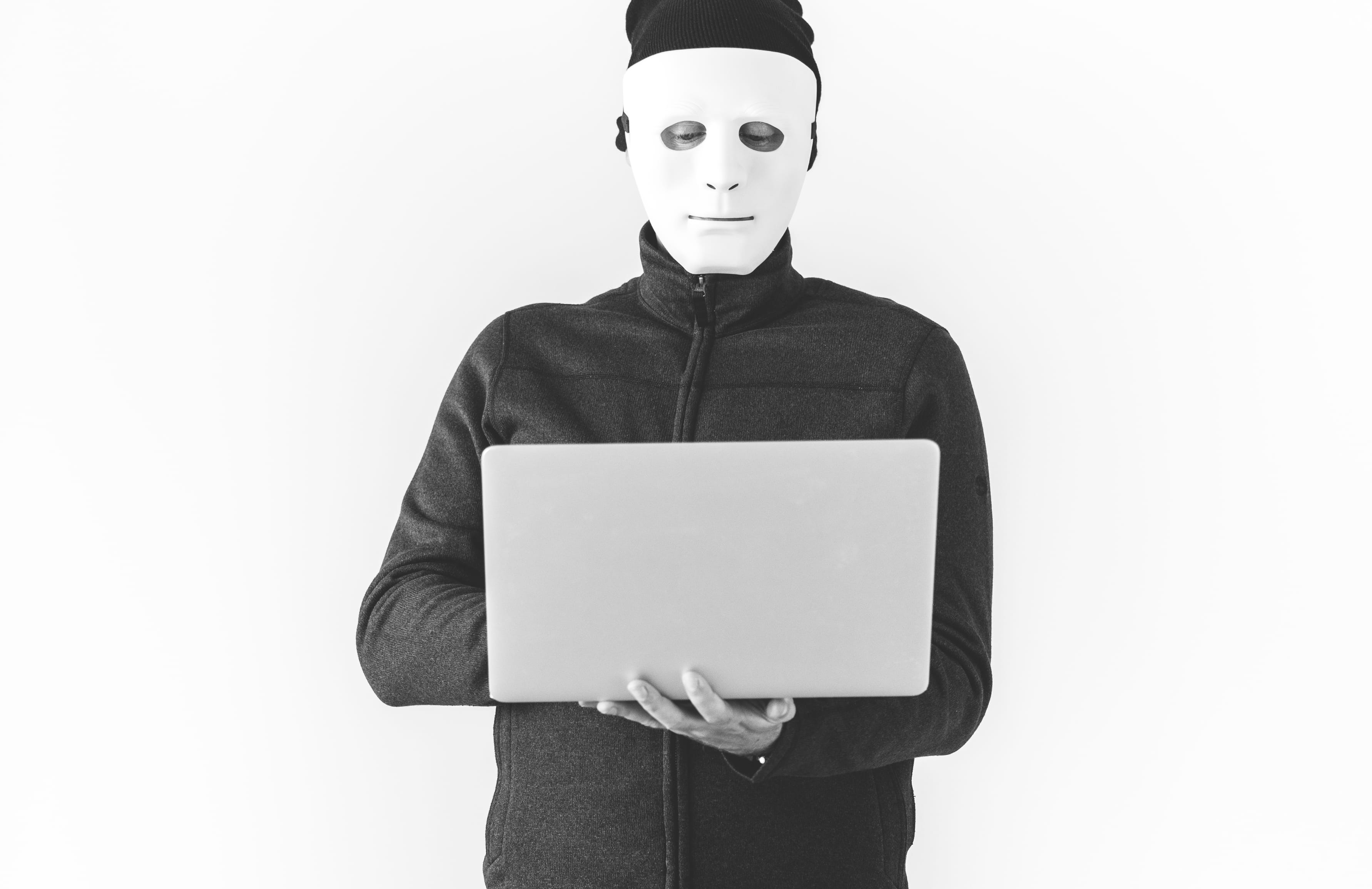 solo, mask, person, looking, laptop, standing, technology, disguise, using, isolated on white, man, obscured face, real people, white background, indoors, HD Wallpaper