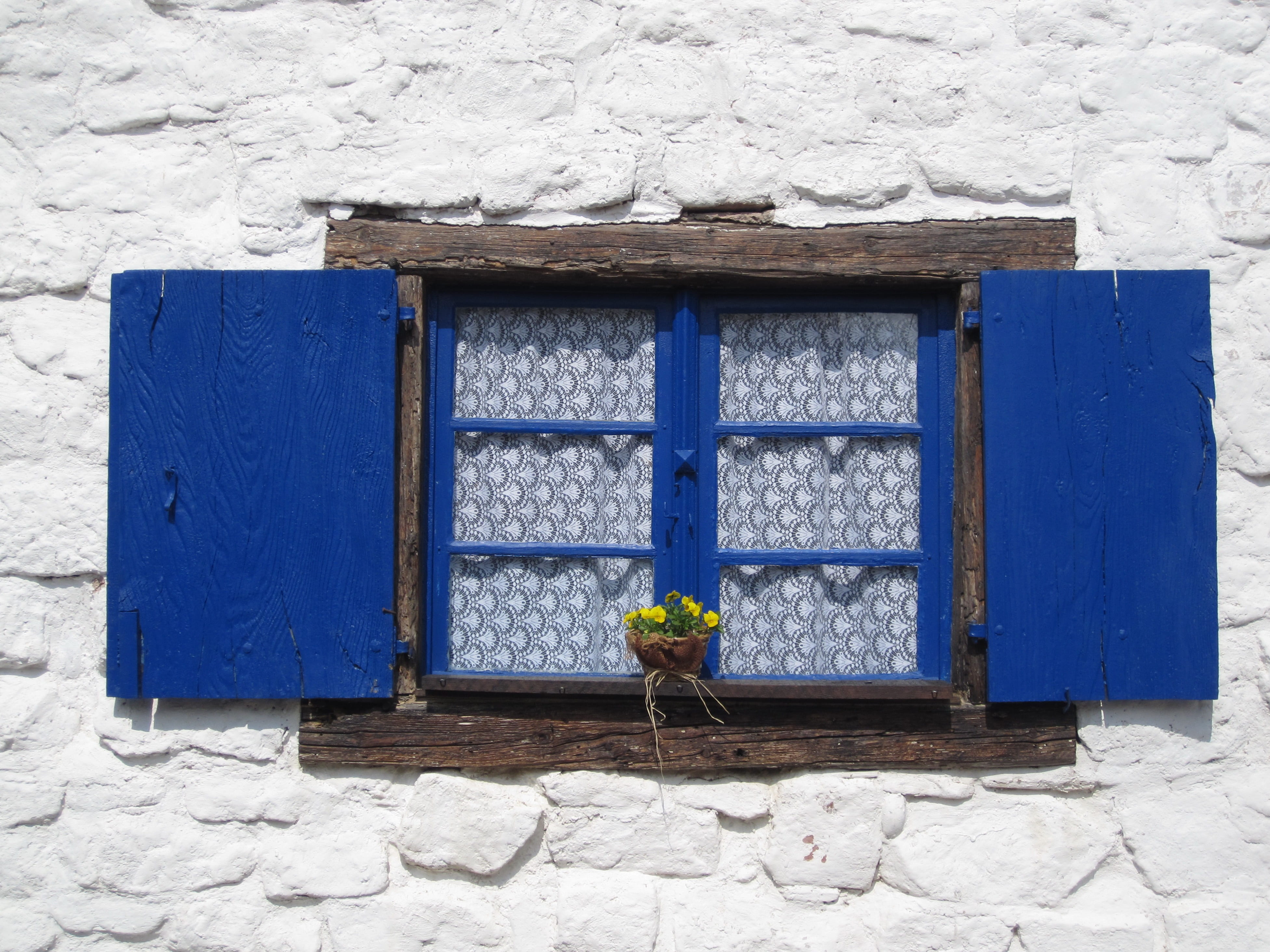 house facade, farmhouse, deco, alsace, curtain, one person, still life, architecture, blue, windowpane, country life, white color, wood - material, decorative, HD Wallpaper