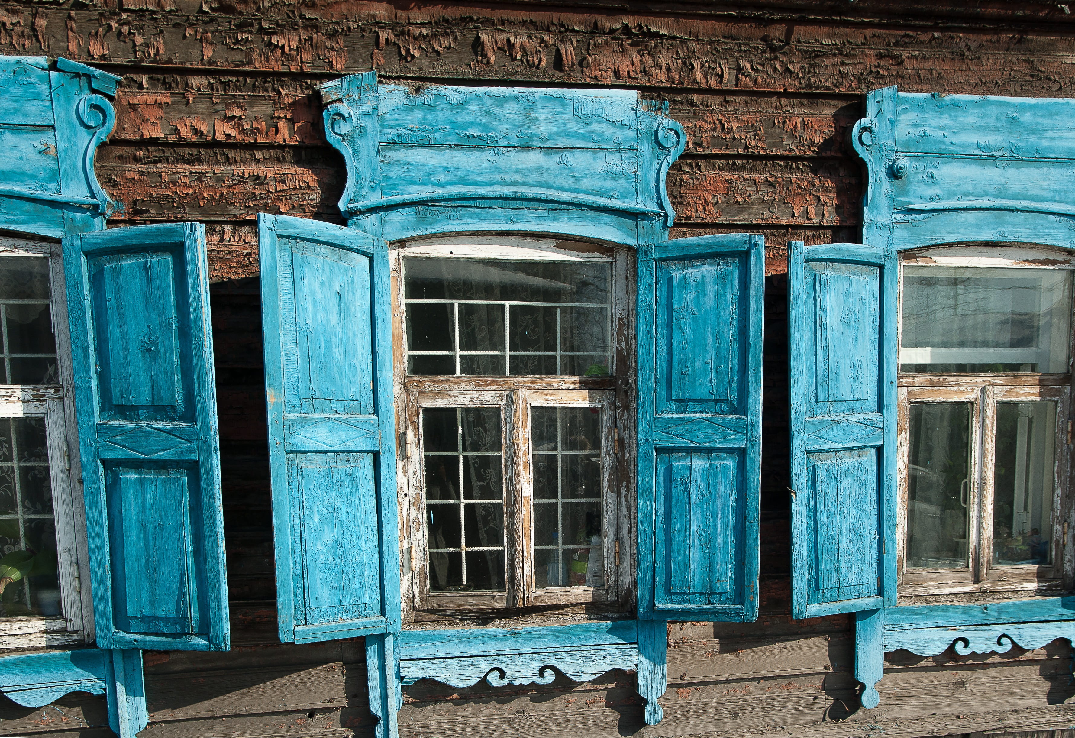 wall, three, wall - building feature, blue, wood - material, architecture, door, open, building exterior, irkutsk, residential district, window, no people, HD Wallpaper