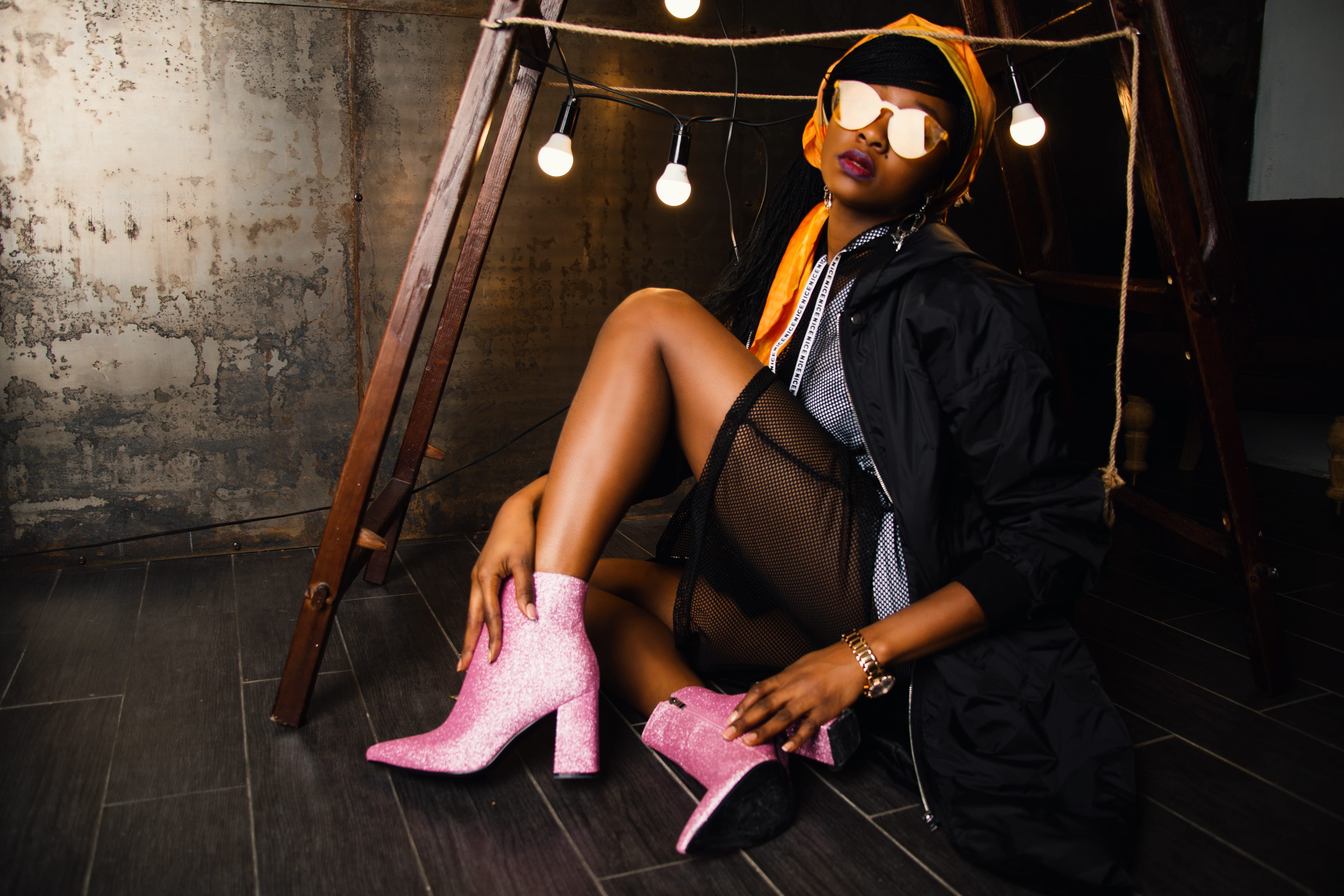 pink, glasses, clothing, beautiful woman, shoe, photoshoot, young, stiletto, females, lifestyles, relaxation, jacket, 5K, black, chair, indoors, outfit, HD Wallpaper