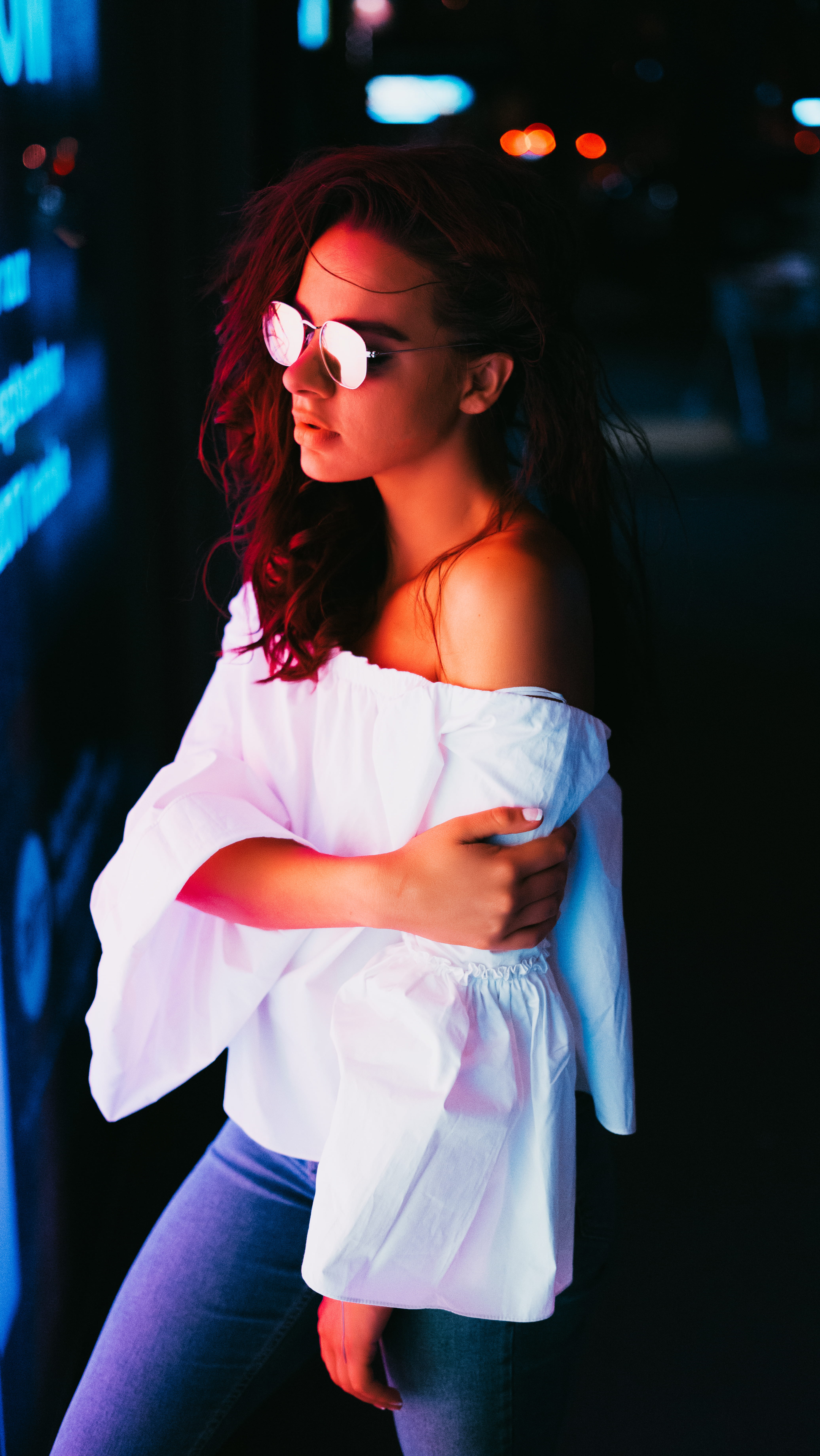 young women, street style, night photography, white shirt, contemplation, women, bokeh, white, portrait, real people, near, innocence, lifestyles, 5K, Phone HD Wallpaper