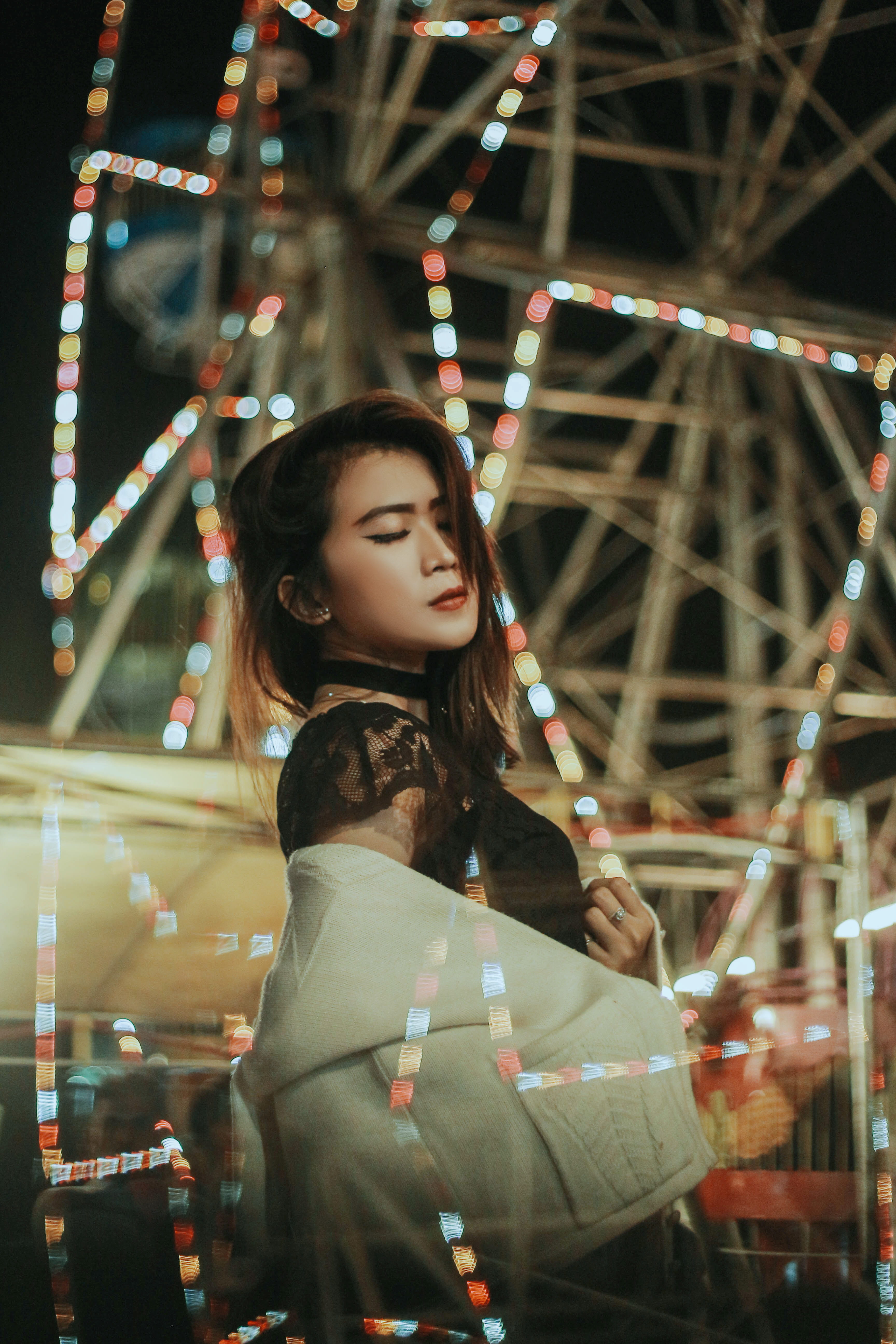 lace, female, cardigan, ferris, front, mood, amusement park ride, night, lifestyles, front view, asian, color, women, black, light, leisure activity, looking, Phone HD Wallpaper