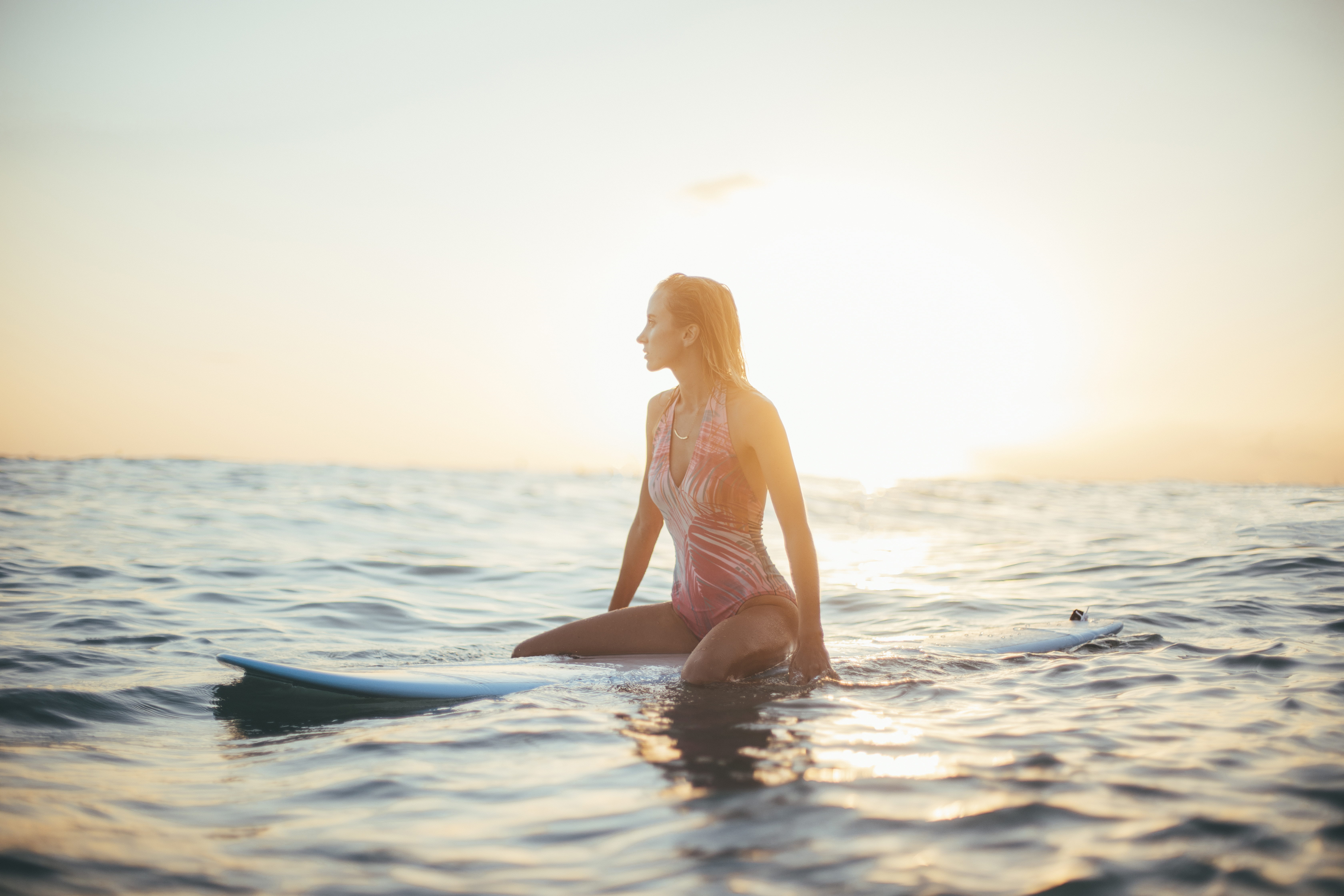 island, monokini, holiday, hair, trip, beach, white, young adult, surfboard, wearing, water, outdoors, wave, sea, sun, sunset, blue, swell, horizon over water, HD Wallpaper