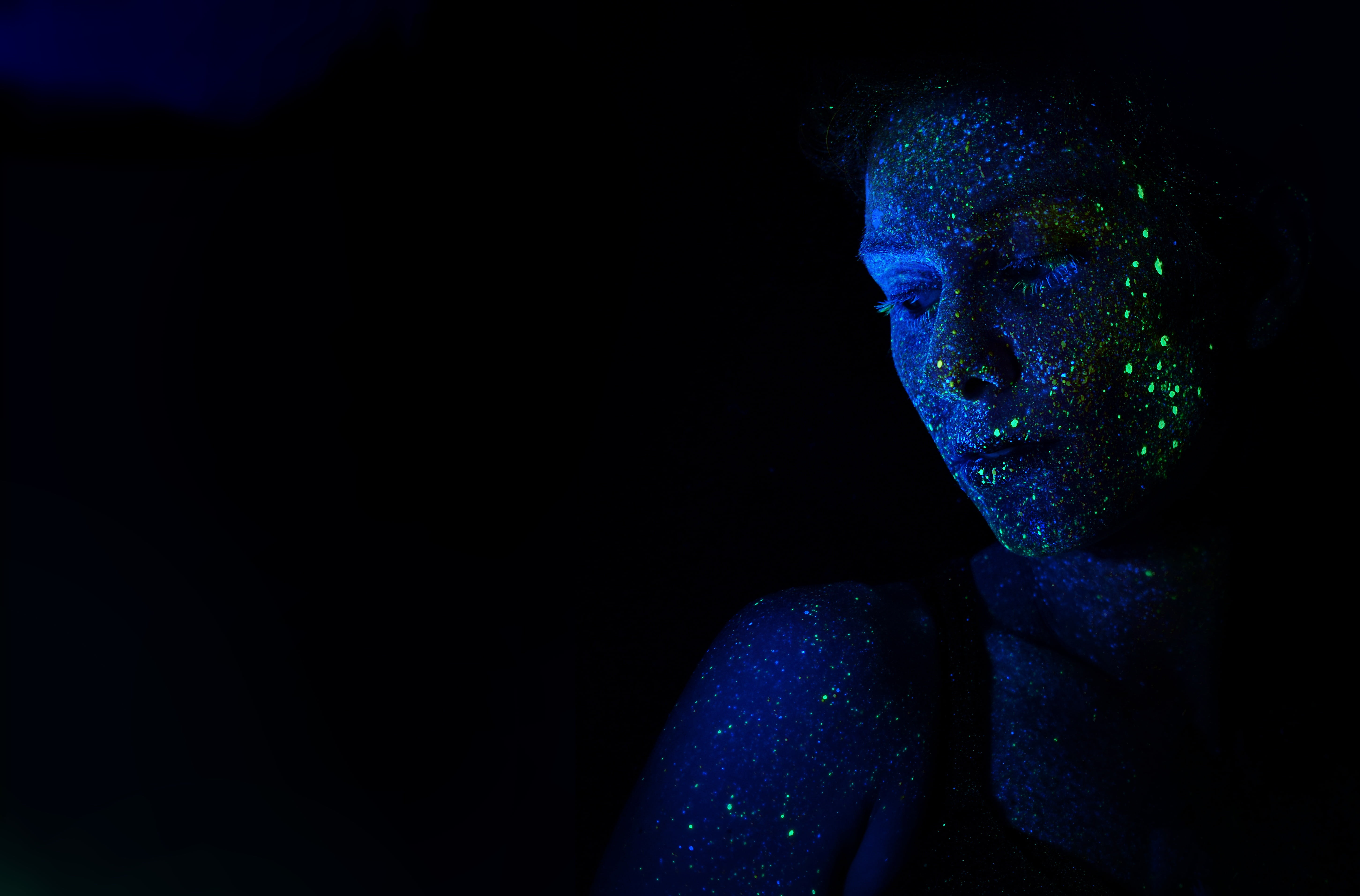 blue, copy space, man, young adult, guy, darkness, one person, artist, 5K, portrait, neon colored, adult, art, black background, woman, headshot, only women, HD Wallpaper