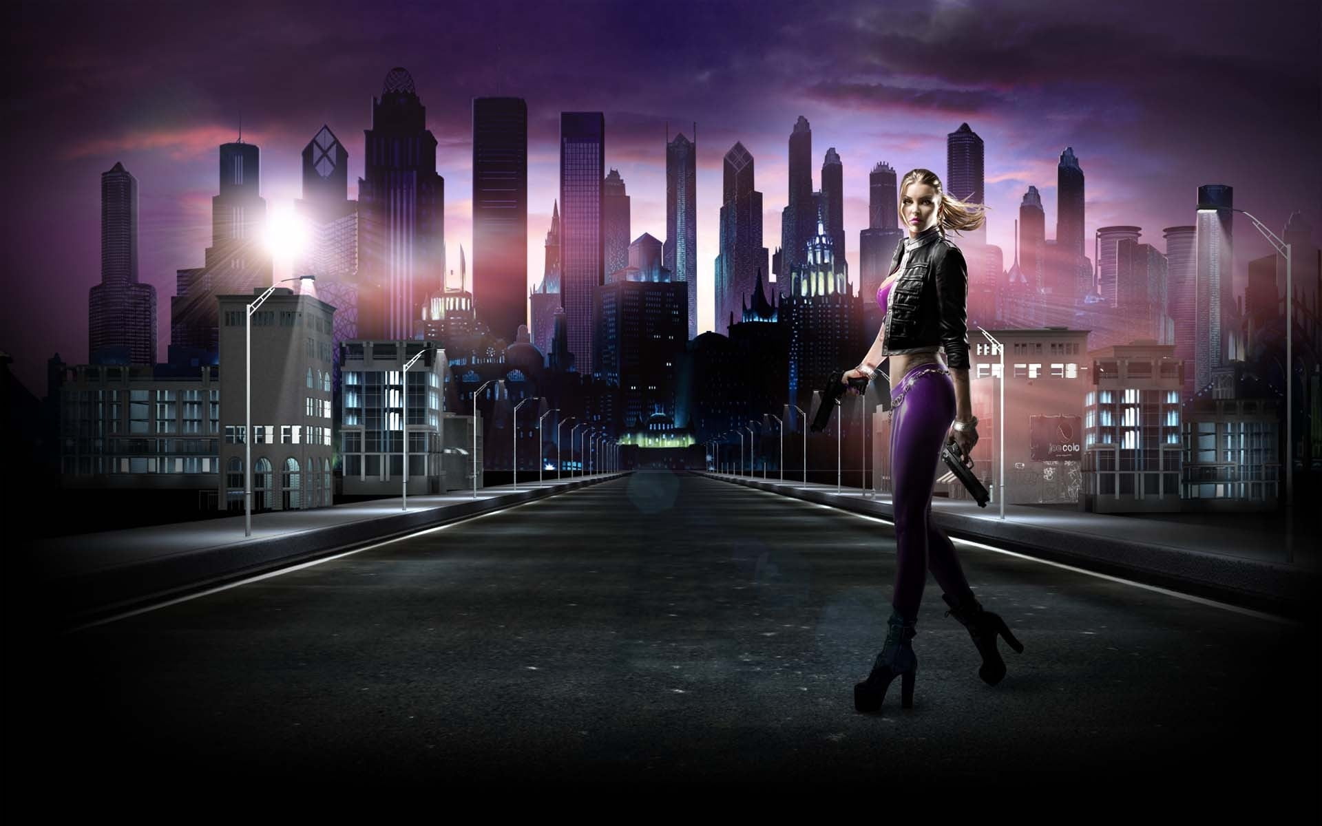 leather, purple, black, people, urban Scene, office building exterior, dusk, skyscraper, building Exterior, jacket, light - Natural Phenomenon, street, HD Wallpaper