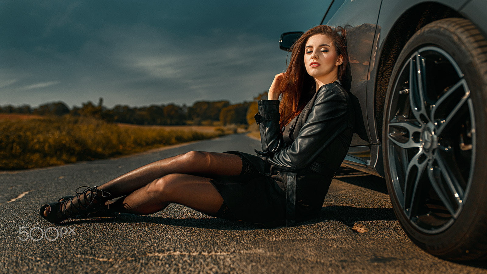 model, young women, hairstyle, beautiful people, leather, women, car, road, lifestyles, long hair, shoe, sky, 500px, auburn hair, Damian Piórko, full length, HD Wallpaper