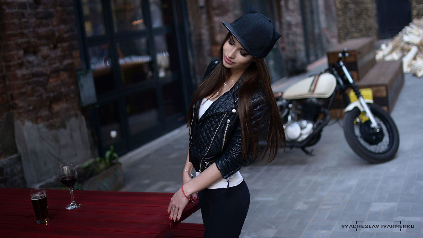 straight hair, fashion, black jackets, women with bicycles, 720P, adult, beauty, standing, white tops, women, closed eyes, Vuacheslav Ivahnenko, glass, HD Wallpaper