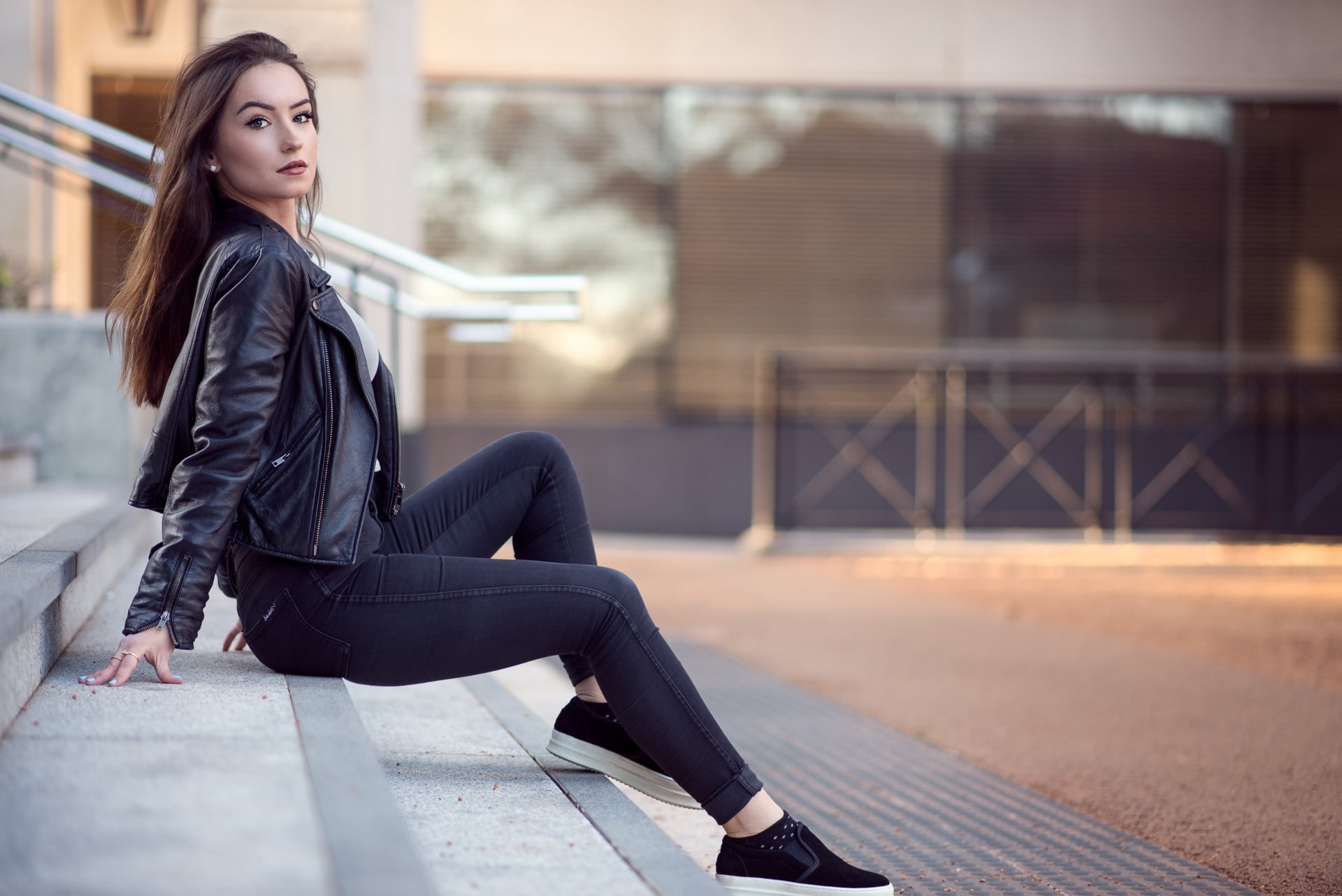 long hair, jeans, women, legs, sitting, model, leather jackets, 1080P, brunette, looking at viewer, HD Wallpaper