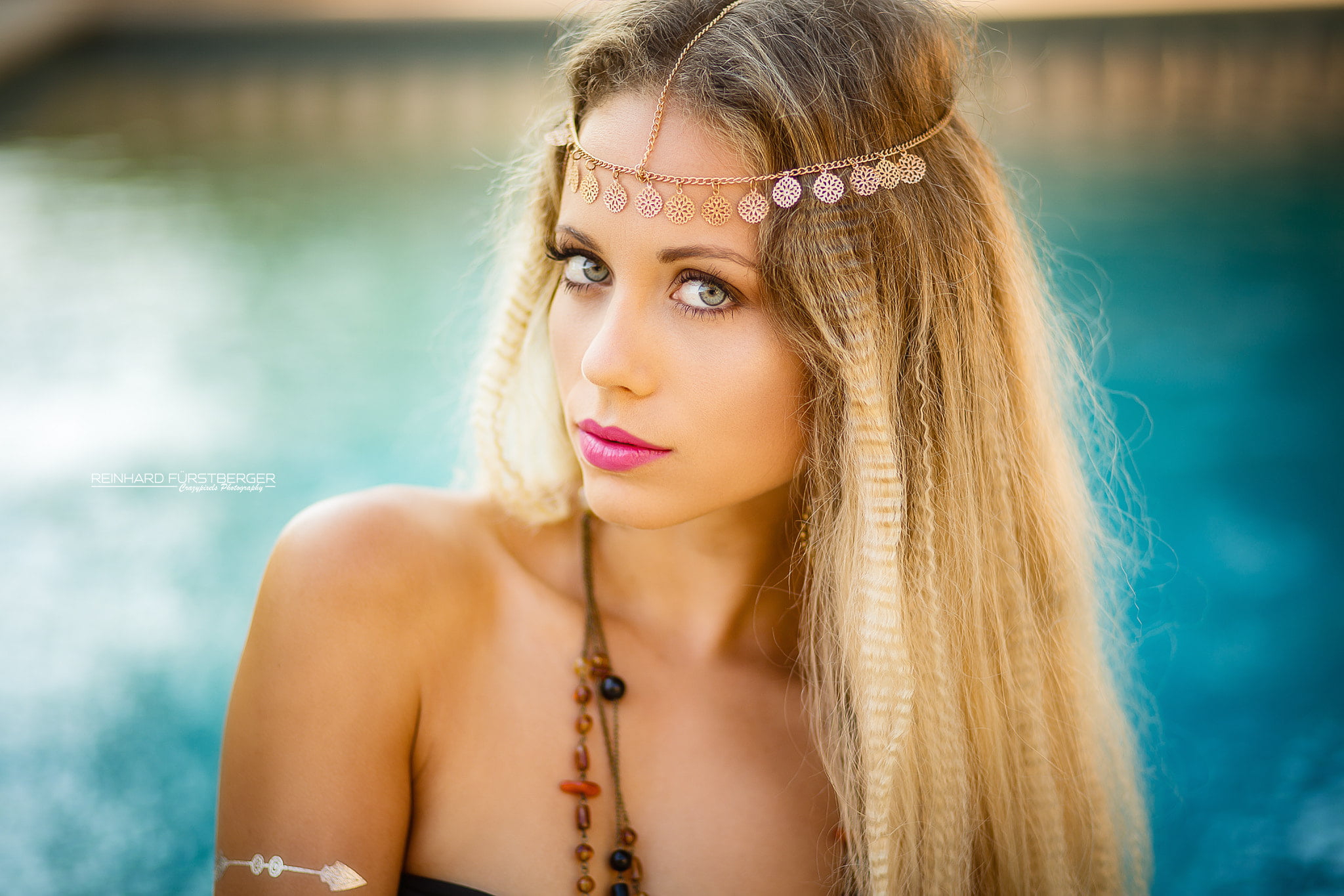 1080P, portrait, looking at viewer, jewelry, make up, hair accessories, straight hair, body paint, eyeshadow, necklace, blonde, eyeliner, lipstick, blue eyes, HD Wallpaper