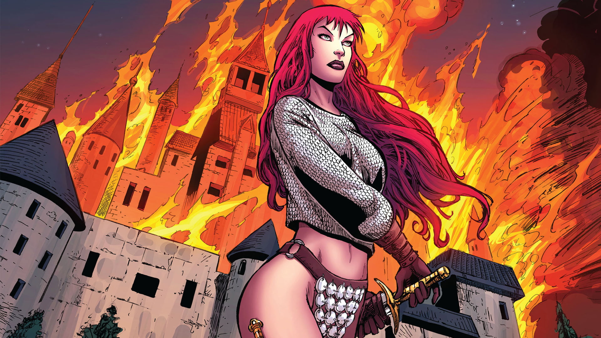 fire, 1080P, redhead, hd, red, sonja, character, cartoon/comic, anime, hair, woman, HD Wallpaper