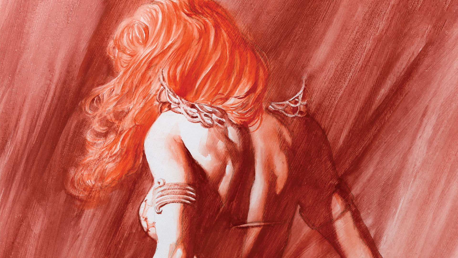 painting, shoulder, gear, 1080P, red, gray, cartoon/comic, drawing, metal, hd, woman, sonja, redhead, HD Wallpaper
